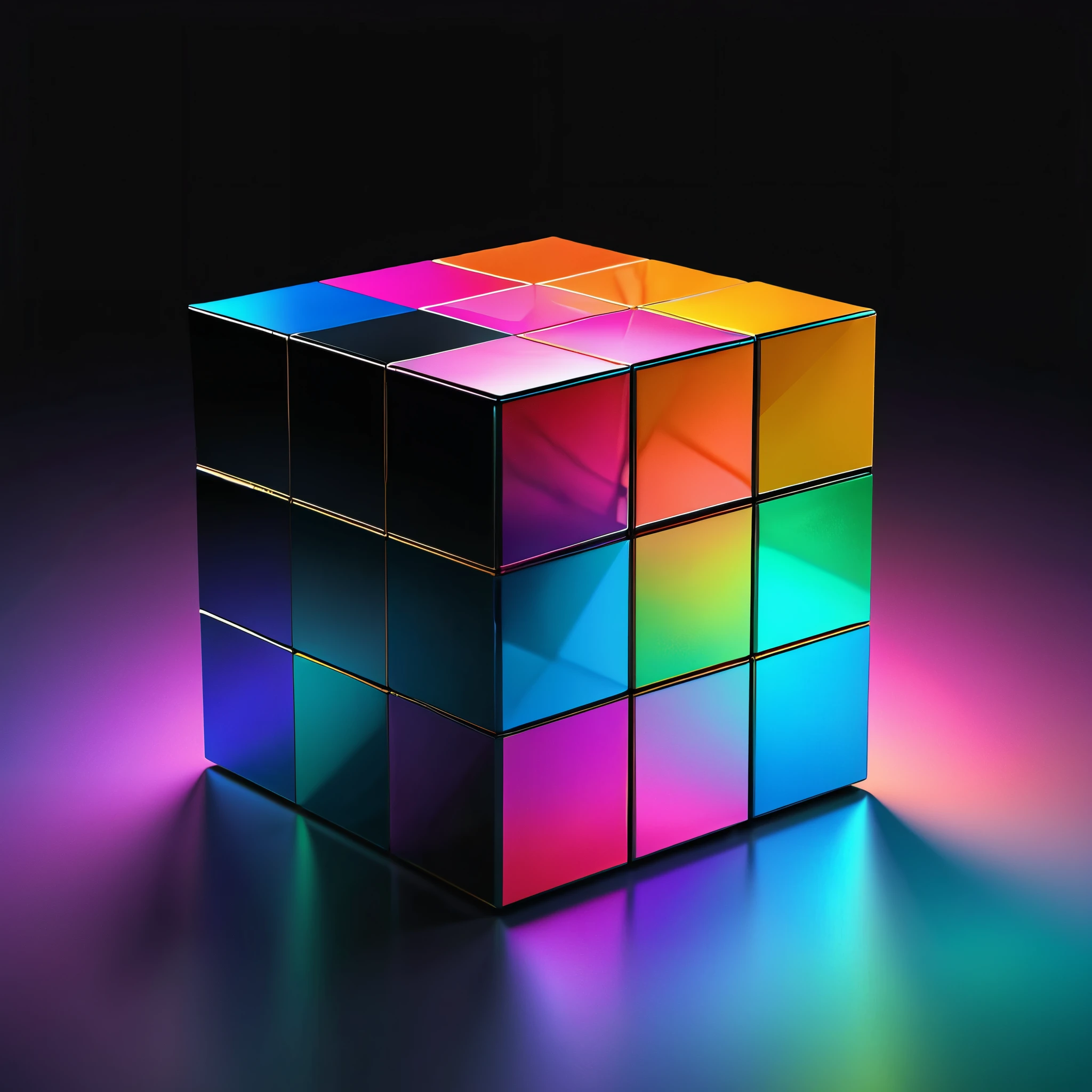 (best quality,4k,8k,highres,masterpiece:1.2),ultra-detailed,(realistic,photorealistic,photo-realistic:1.37),3d cube floating in space,rubik's cube,shiny metallic surface,glossy polished texture,vibrant colors,reflective surface,illuminated from multiple angles,gradients of light and shadow,floating in a vast infinite black space,subtle glow highlighting the edges of the cube,cube rotating slowly,flawless geometric shapes,crisp and sharp lines,perfect symmetry,seamless transition between the colors on each side,mesmerizing pattern and arrangement,impressive complexity,sleek and modern design,gradient of colors from warm to cool spectrum,soft ambient light casting gentle reflections on the cube,ethereal and surreal atmosphere,an otherworldly sense of tranquility and mystery,seemingly weightless and suspended in zero gravity,dazzling visual spectacle,invoking a sense of wonder and curiosity,portraying the beauty of mathematics,interplay between geometry and aesthetics,captivating and thought-provoking artwork.