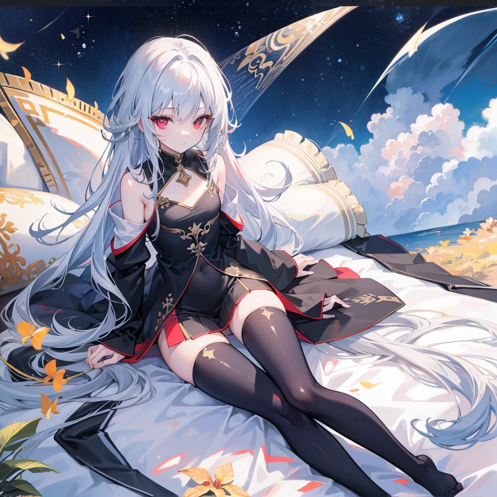 waist shot, Top view, soles, motion, grace, slim and long, 1 girl, young girl, messy long hair, parted bangs, gradient hair, snowflakesdetailed cute anime face, seductive smile, cosmic eyes, flat chest best quality, Red eyes, Exquisite cloth, leggings, black Clothes, on bed, The light of dawn blooms gloriously.The painting depicts a scene with many well-defined clouds have beautiful light and shadow, very precise detailed,
