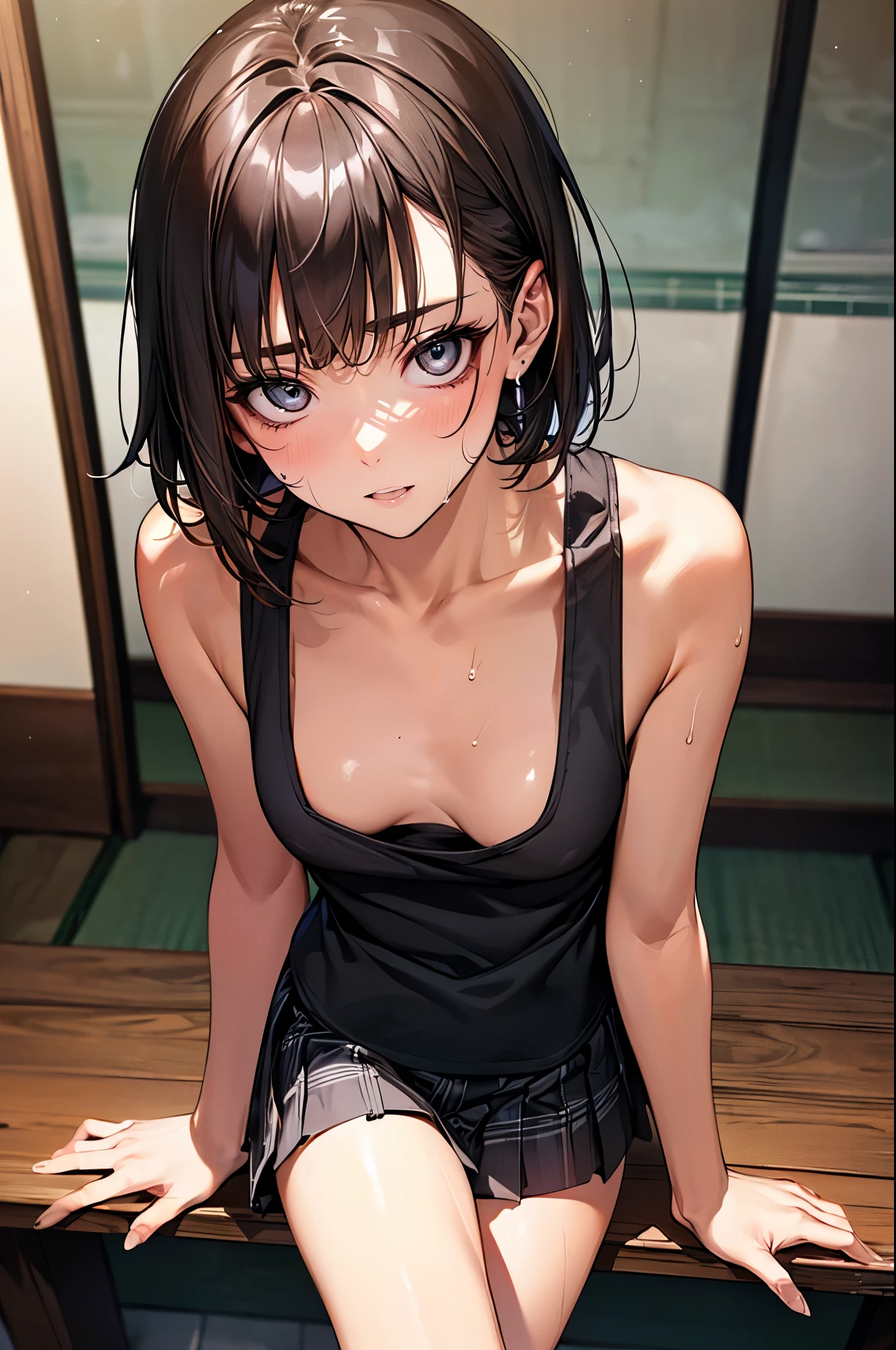 ((perfect anatomy:1.5,realistic:1.3,RAW Photography:1.3,masterpiece、highest quality、Ultra - High resolution、High resolution、Highly detailed CG、8K)),cowboy shot,1 female,solo,guitarist,18-year-old、High school girl beautiful girl,Japanese,((beautiful detailed face and eyes:1.2,big gorgeous eyes:1.2,gray eyes)),dark brown hair,short bob hair,bangs,medium breasts,slender body,small head:1.3,skinny,(oily skin,gleaming skin,shiny skin、sweat)、sitting,black tank top、plaid pleated skirt、Backstage、Harajuku、Tokyo、