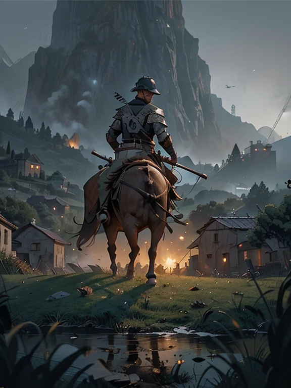 Cartoon style pictures ,(Europe),man,midnight,Overall black tone,Shot from the sky looking down to the ground , Rugged full body metal armor, Medieval dilapidated countryside village,farmland,river,torch,horse,farmer,companion,Soldier,laboeld,farming,(Visor Helmet,In the shadows,Faceless,健壮的man, strong, shabby),dynamic poses, ((Turn your back to the camera,look into the distance,not looking at camera)),