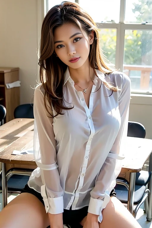 top-quality, ​masterpiece, high-detail, 16k picture quality, Beautiful face, Light brown medium hair, perfect face, high school Uniforms, White blouses, , firm big breasts, open breasts, blushing, She  Looking at the camera, spread wide legs, evening classroom,