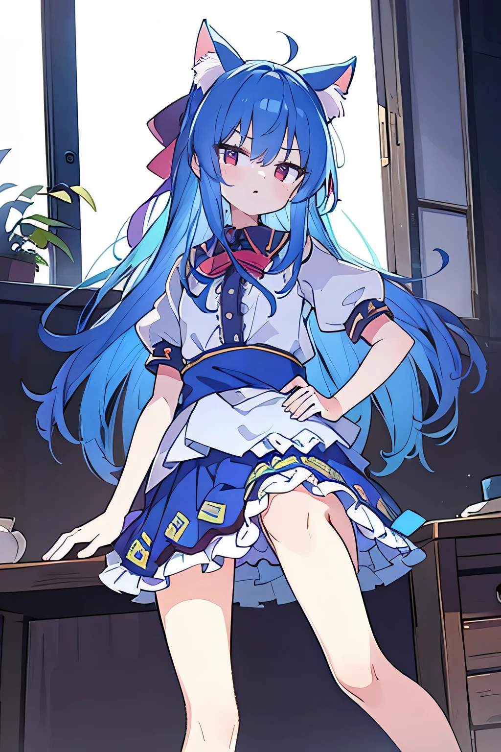 (masterpiece),best quality, expressive eyes, perfect face, 1girl,
Put your hands on your waist,fair, Gorgeous,Japanese cartoons,girl,lola,Hina Angel, blue hair, blue haired, floating clothes,Grab your waist, Grab your waist, hands on hips , hands on hips,sit, sit on ground, Legs on the ground, flat chest,cat ears,
