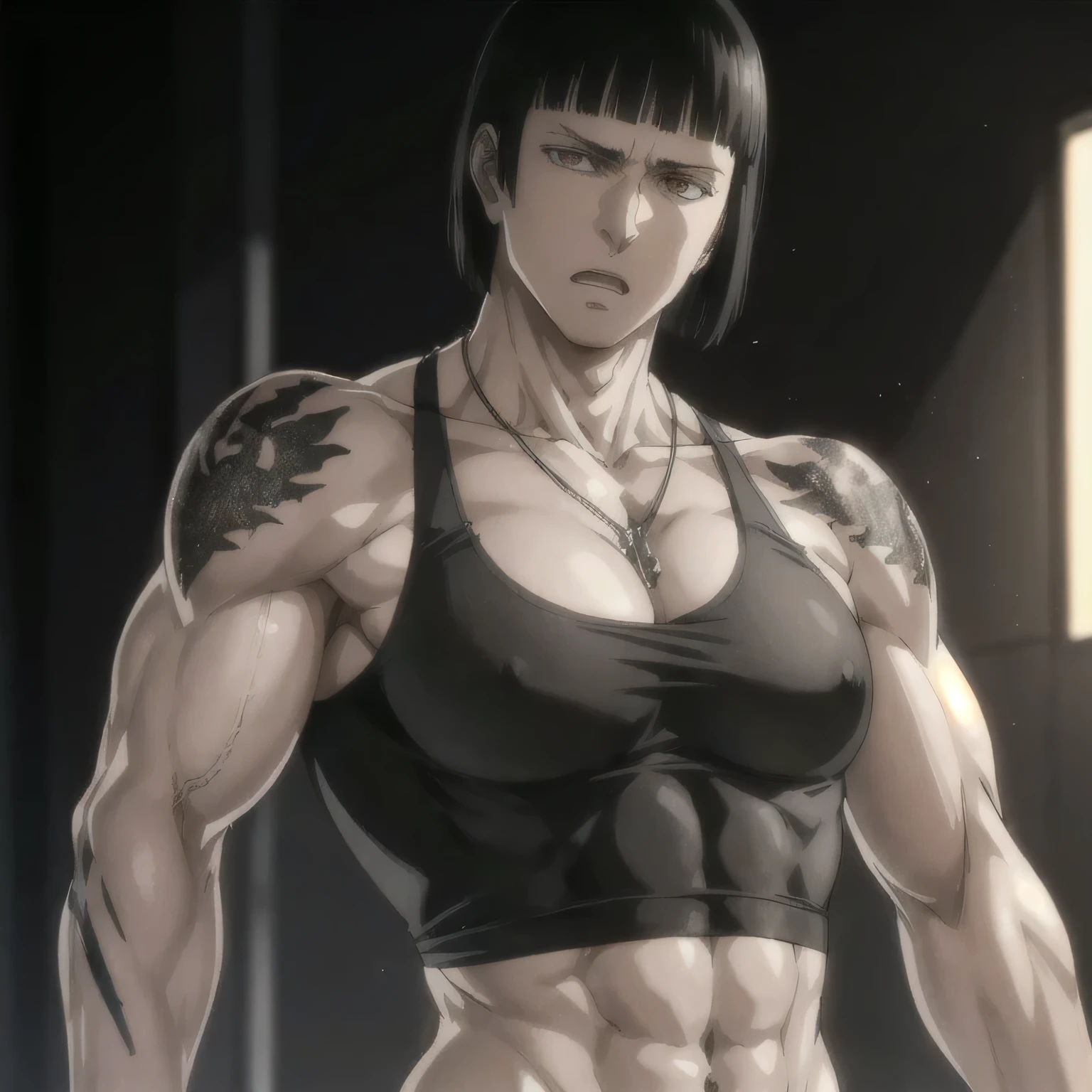 (best quality,ultra-detailed,realistic:1.37),muscles military, badass girl with sculpted body have a tattoos wearing sport tank top with underwear , full review of the female character's face and body, intense expression, strong and confident posture, studio lighting, vivid colors, physiologically-based rendering, grungy texture, rugged background, dust particles in the air, commanding presence, professional, powerful, gritty aesthetics,,Valmet،short hair,six-pack,necklace