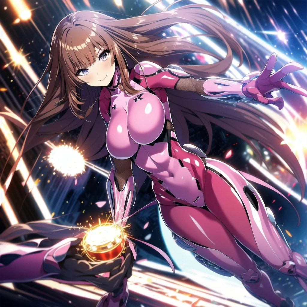 1 female, struggle_Asuka, Brown_hair, dull_前hair, pink_body suit, City of night, skyscraper, cyber punk,
light smile, (huge breasts, Glamour:1.1),
(masterpiece, high quality, 最high quality, 4k, 8K, 16k, High resolution, disorganized:1.2)