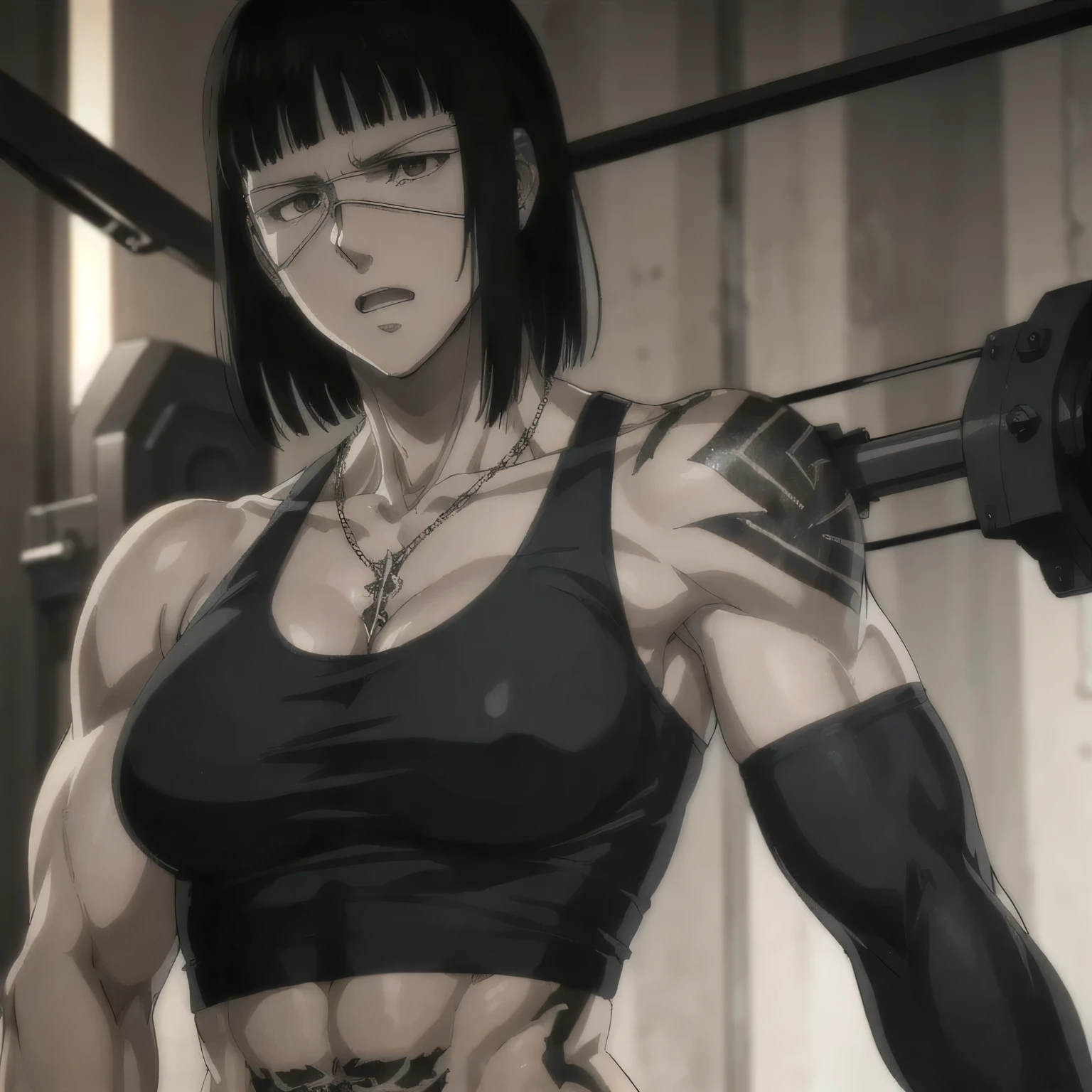(best quality,ultra-detailed,realistic:1.37),muscles military, badass girl with sculpted body have a tattoos wearing sport tank top with underwear , full review of the female character's face and body, intense expression, strong and confident posture, studio lighting, vivid colors, physiologically-based rendering, grungy texture, rugged background, dust particles in the air, commanding presence, professional, powerful, gritty aesthetics,,Valmet،short hair,six-pack,necklace
