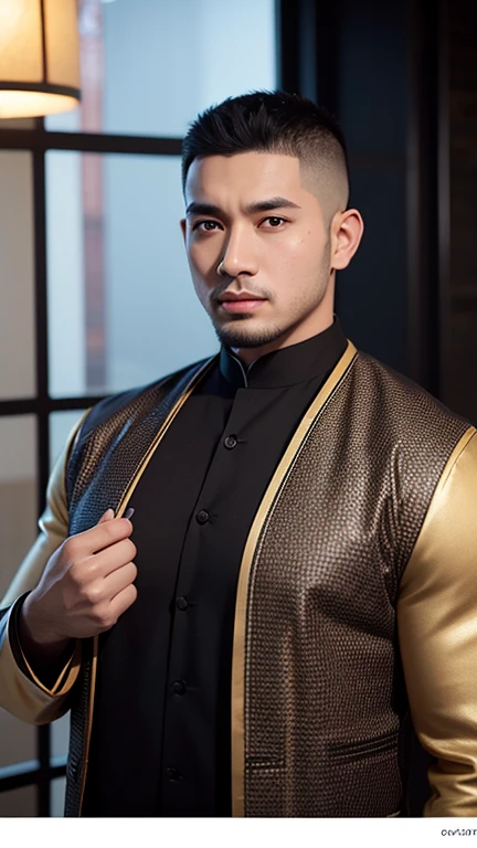 Portrait of 1 Asian Man, 3D Character, Handsome, 1 Asian Muslim Man, medium fat body, Buzz cut Black Hair, in Namaste hand, brown Muslim Clothing