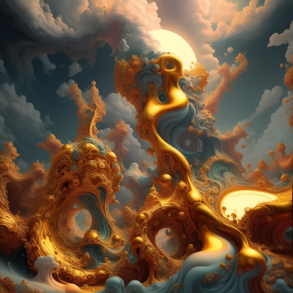 in the middle of the blue sky there is a very large golden sculpture, Stunning fantasy 3D rendering, surreal scene, Golden clouds, 1 6 6 7. mandel light bulb 3 d, 3D light bulb, 3D light bulb fractal, mandel light bulb 3 d, 4d mandelbulba psychedelics, mandel light bulb 3d, mandel light bulb 3d fractal