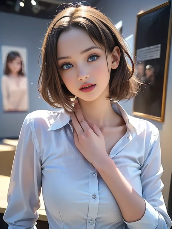 (best quality, 8k, highres, photorealistic:2.0), (solo, one girl:2.0),(photo taken using flash:1.9),(brighten the subject:1.8),(ultimate beautiful girl:2.0),(shiny skin),(oily skin),(blonde hair:1.5),(short hairstyle:1.5),(cool beauty:2.0),Blush brown makeup , dark eye makeup , use pink glossy lipstick,(big beady eyes girl:1.5),(droopy-eyes girl:1.5),(blue eyes:1.5),(thin girl:1.5),(baby face girl),(sex appeal),(sweet smelling girl),(Photographed at the Museum of Modern Art:1.8),(A girl who works part-time at an art museum:1.3),(she works for low wages:1.5),(kind-hearted woman:1.5),(she has a nice smile:1.3),(woman with a happy look:1.3),(she is very sociable),(from a very poor family:1.5),(virgin girl),(She is a secret pervert.),(she covertly lewd),(she looks so erotic),(Preserve virginity for devout Christians),chuuChloe,(A woman with very soft breasts),(woman fantasizing about sex),(allurement),(I love masturbating),(impressive eyes:1.5),(clean girl),(affability),(dress shirt)