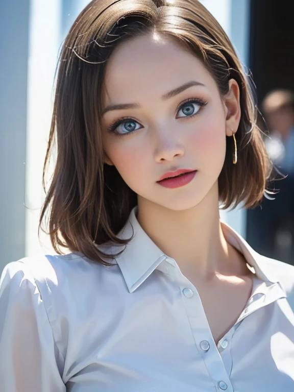 (best quality, 8k, highres, photorealistic:2.0), (solo, one girl:2.0),(photo taken using flash:1.9),(brighten the subject:1.8),(ultimate beautiful girl:2.0),(shiny skin),(oily skin),(blonde hair:1.5),(short hairstyle:1.5),(cool beauty:2.0),Blush brown makeup , dark eye makeup , use pink glossy lipstick,(big beady eyes girl:1.5),(droopy-eyes girl:1.5),(blue eyes:1.5),(thin girl:1.5),(baby face girl),(sex appeal),(sweet smelling girl),(Photographed at the Museum of Modern Art:1.8),(A girl who works part-time at an art museum:1.3),(she works for low wages:1.5),(kind-hearted woman:1.5),(she has a nice smile:1.3),(woman with a happy look:1.3),(she is very sociable),(from a very poor family:1.5),(virgin girl),(She is a secret pervert.),(she covertly lewd),(she looks so erotic),(Preserve virginity for devout Christians),chuuChloe,(A woman with very soft breasts),(woman fantasizing about sex),(allurement),(I love masturbating),(impressive eyes:1.5),(clean girl),(affability),(dress shirt)