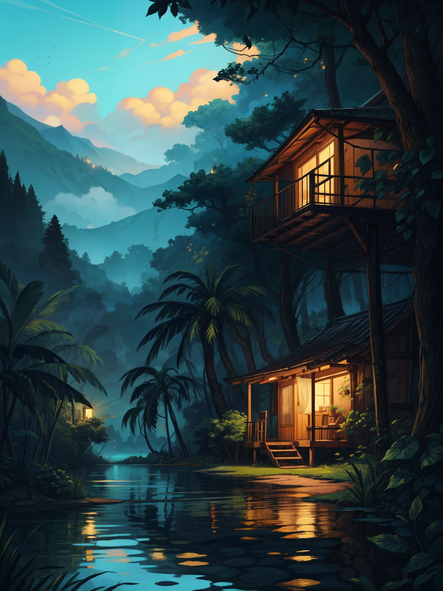 wide view, a small wooden house with hammock, surrounded by lake, tropical plants growing in lake, big banana trees, evening light, chill scene, ripples, evening, blue and green tones,  blue cloudy sky, aesthetics, vibrant tones, scenery, beautiful ambience, 8k, bright volumetric light, peaceful scene, light shining on part of foliage, micro landscape, intrinsic details