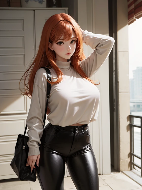 Beautiful ginger girl, curvy, big natural breasts, black leather pants, light beige sweater, full body