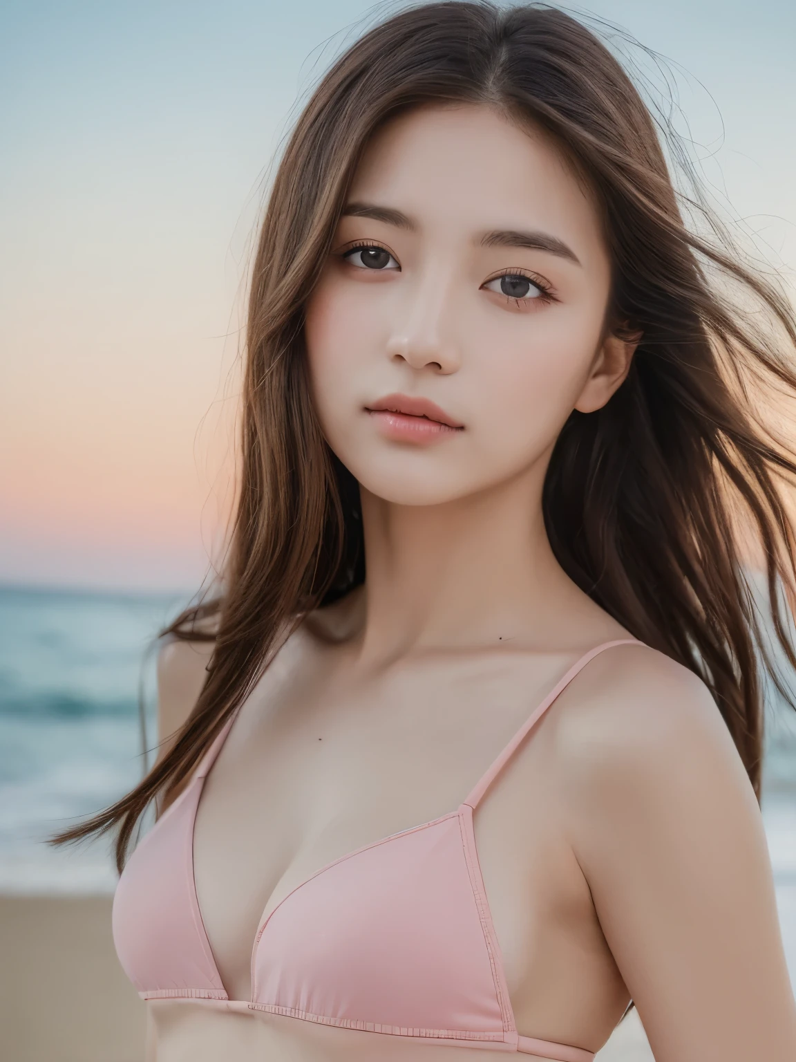 ((highest quality, 8K, masterpiece: 1.3)), clear focus: 1.2, 1 girl, perfect figure: 1.4, slim abs: 1.1, ((dark brown hair)), Light pink bikini, (outdoor, noon: 1.1), blurry beach background, super fine face, fine eyes, double eyelid、closed mouth