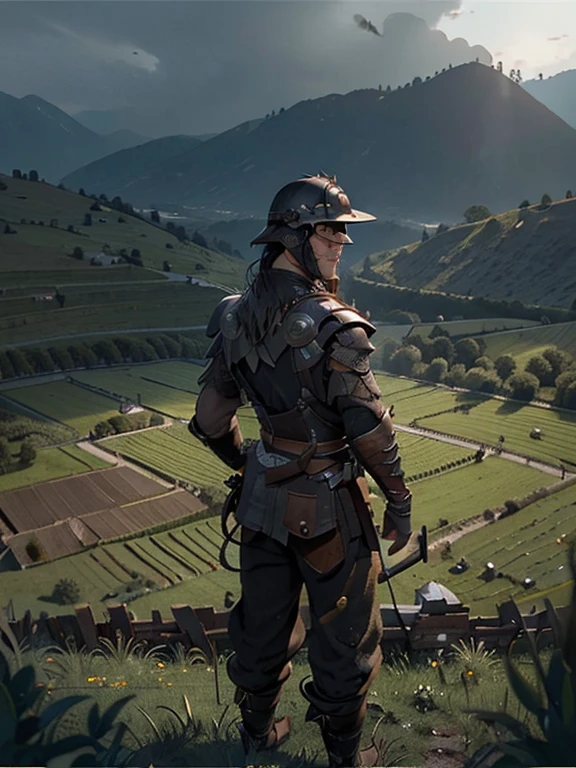  Cartoon style pictures ，(Europe)，（Shooting from above），man,midnight，Overall black tone，  Rugged full body metal armor， Medieval dilapidated countryside village，farmland，river，torch，horse，farmer，companion，Soldier，laboeld，farming，(Visor Helmet，In the shadows，Faceless，健壮的man, strong, shabby),dynamic poses， ((Turn your back to the camera，look into the distance，not looking at camera)), 