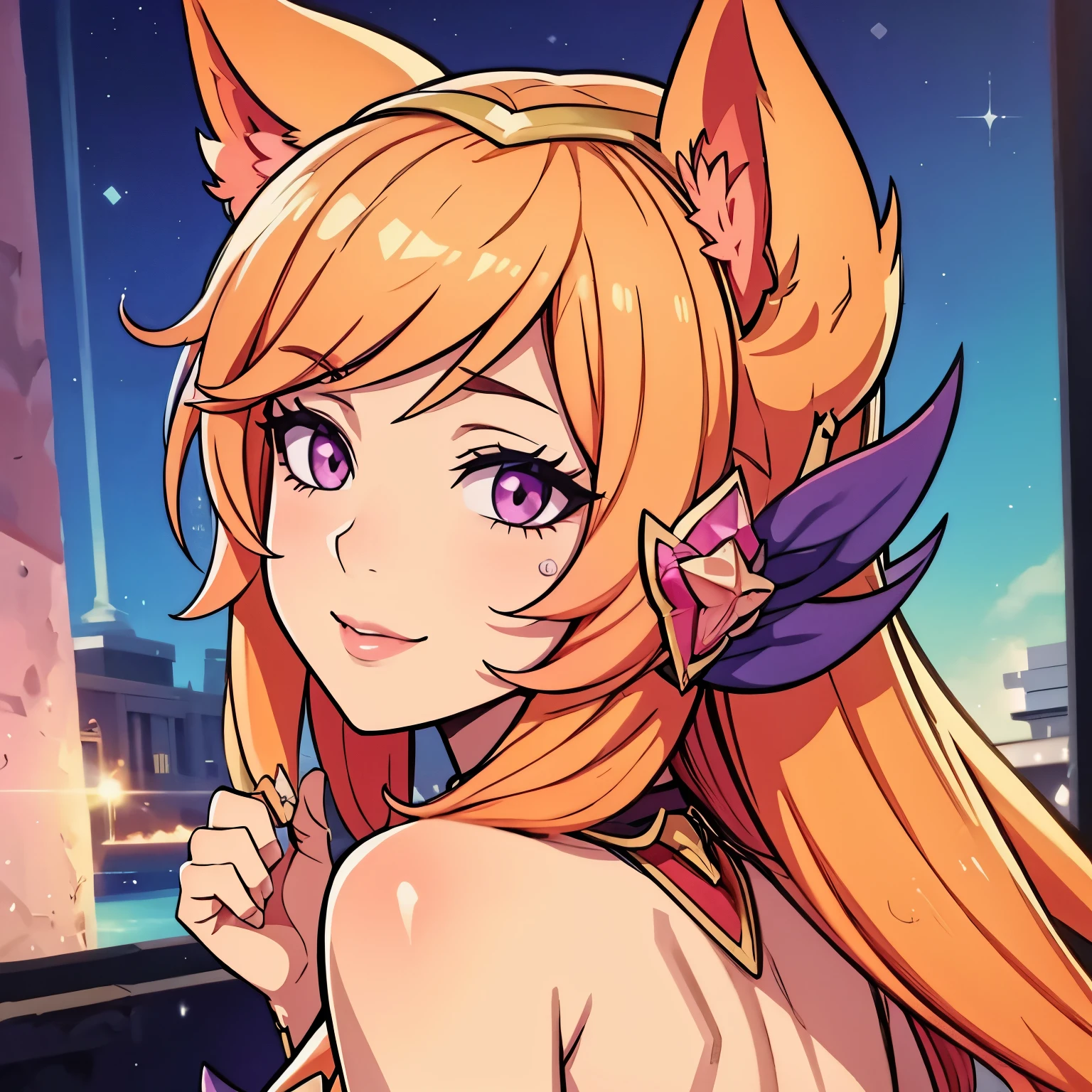 ahri star guardian icon fundo rosa brilhante busto foco na face sorrindo adoravel busto foto de perfil icone rosto no foco 1 garota ahri solo