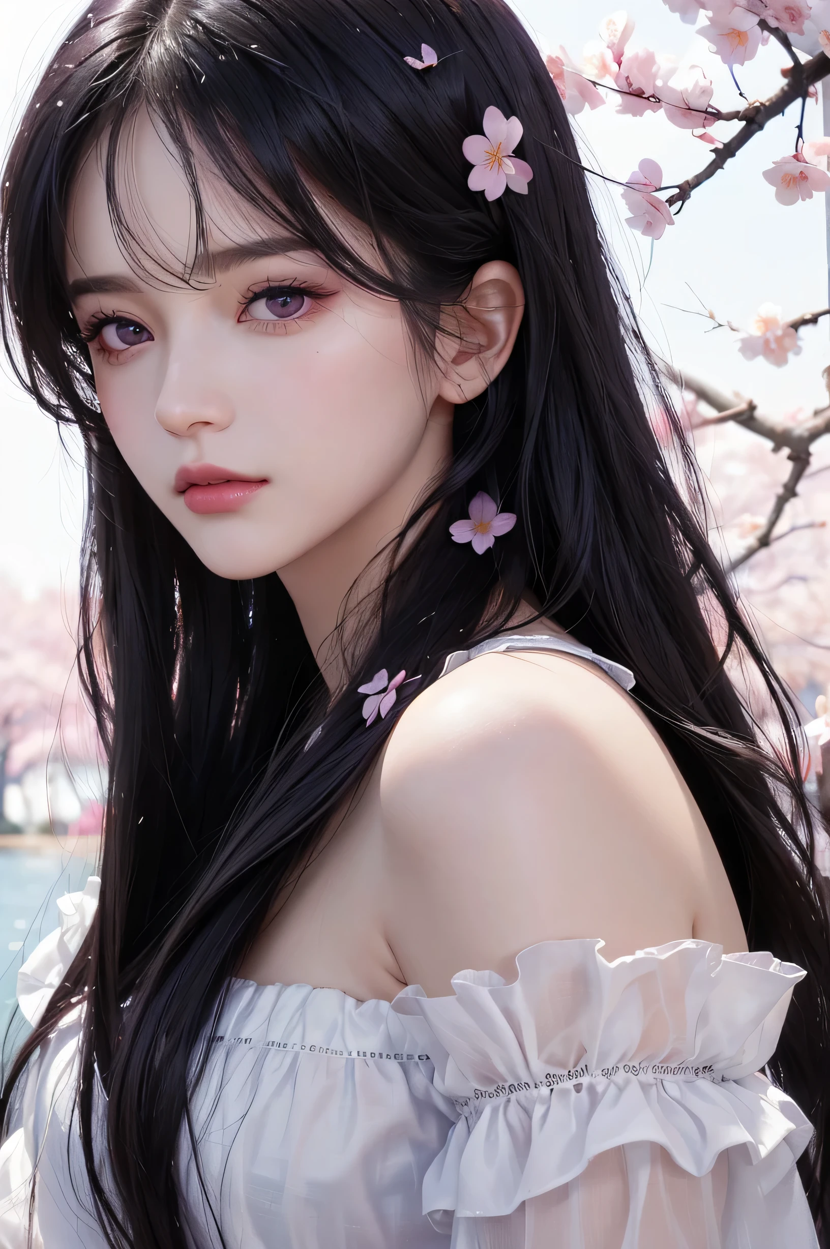 (highest resolution, clear_image) best quality, woman, masterpiece, very detailed, (semi-realistic), ((long hair)), black hair, black hair bangs, purple eyes, mature, Glossy lips like cherry blossoms, white background, close-up portrait, solid circle eye
