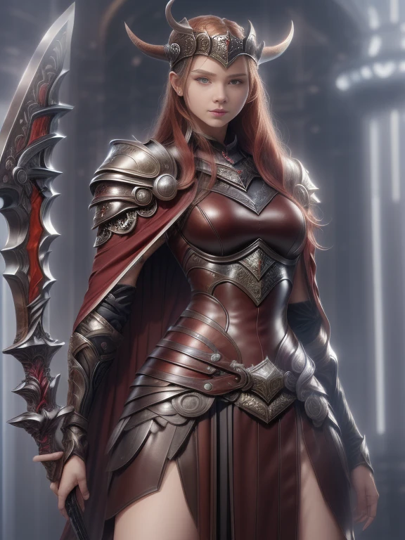 Character design, 1 girl,, slim body, medium chest, skinny waist, ((long deep red hair)). blue eyes. (((ice blue fantasy a female viking warrior in a full leather armor with skirt))), (((big pauldrons, intricate details))), (((fur cape))), (((advanced weapon fantasy plasma sword in right hand))), (standing), ((front body view)), in a walled city, masterpiece, HD high quality, 8K ultra high definition, ultra definition,