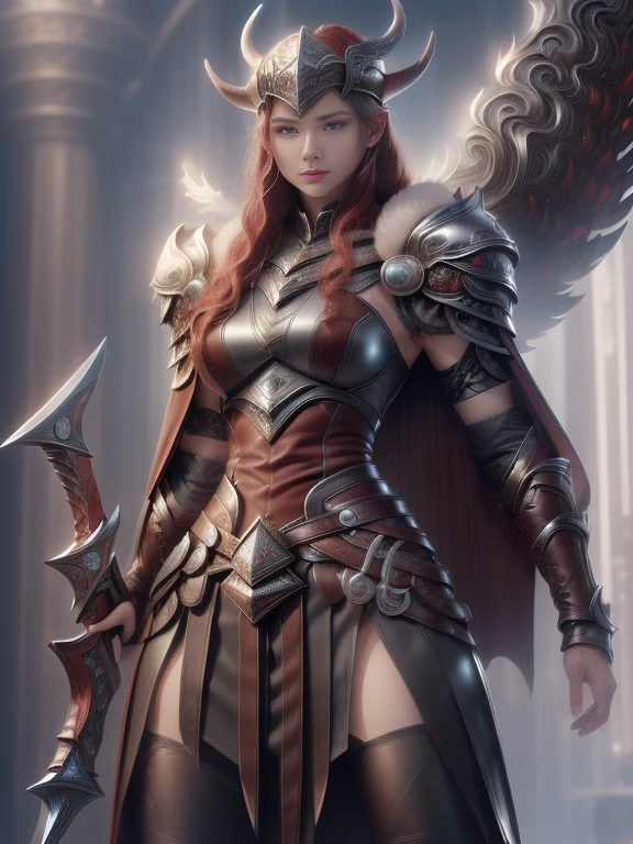 Character design, 1 girl,, slim body, medium chest, skinny waist, ((long deep red hair)). blue eyes. (((ice blue fantasy a female viking warrior in a full leather armor with skirt))), (((big pauldrons, intricate details))), (((fur cape))), (((advanced weapon fantasy plasma sword in right hand))), (standing), ((front body view)), in a walled city, masterpiece, HD high quality, 8K ultra high definition, ultra definition,