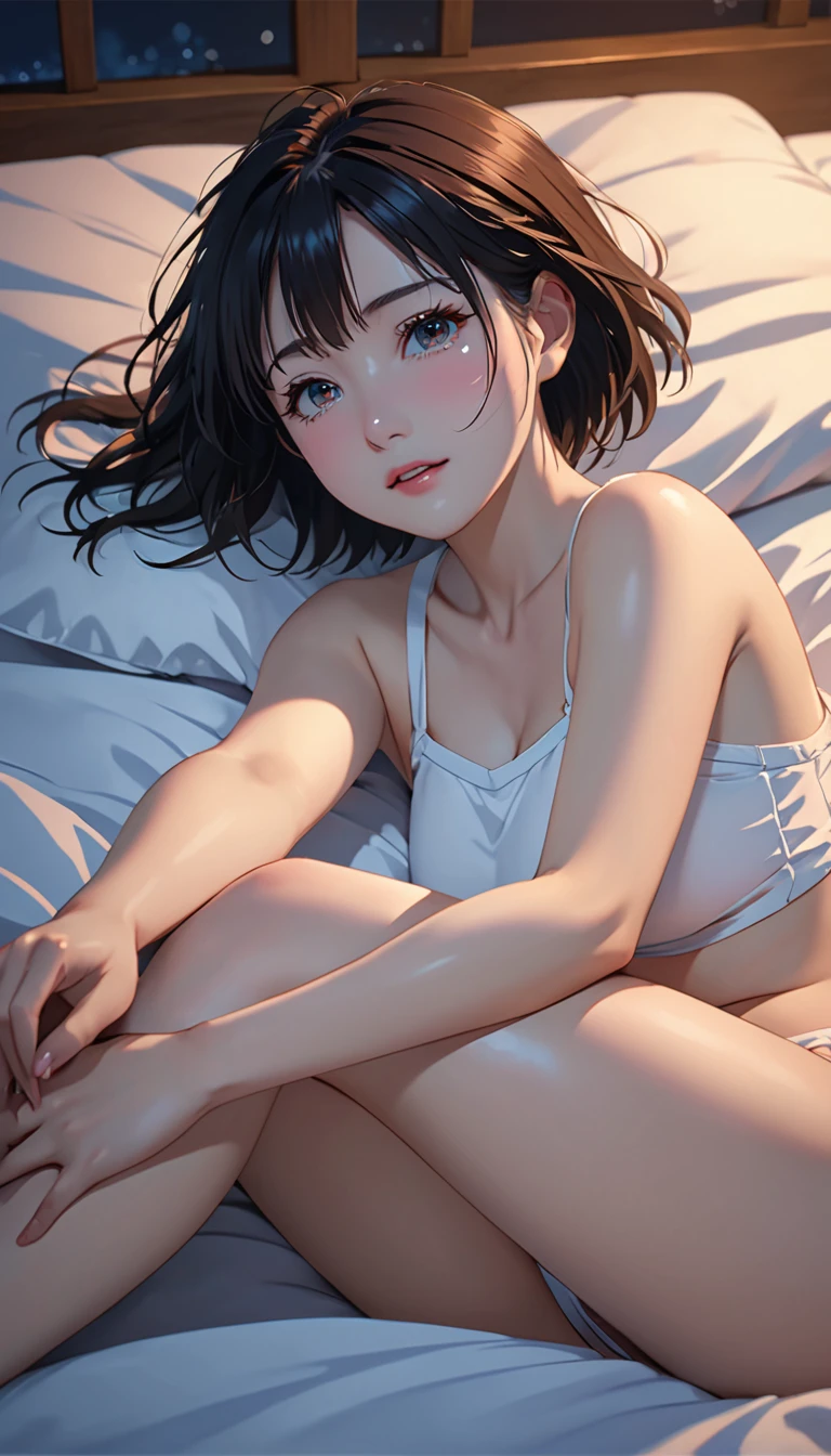 National Science Foundation,(((I want to see below the knee:1.5、Whole BodyEsbian:1.5)))、masterpiece, High resolution, digit, kyoto animation style, Your name is cinematic style, night, midnight, Light, (1 female: 1.3), (alone: 1.4), long eyelashes, short bob, nose turns red, lying down, naked, Lying in bed、tears are flowing、(outstretched hand:1.2)、dynamic poses
