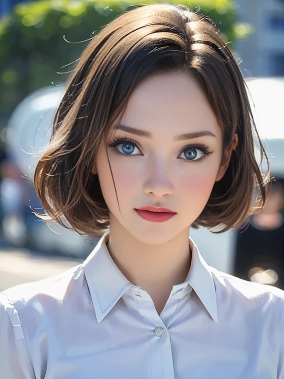 (best quality, 8k, highres, photorealistic:2.0), (solo, one girl:2.0),(photo taken using flash:1.9),(brighten the subject:1.8),(ultimate beautiful girl:2.0),(shiny skin),(oily skin),(blonde hair:1.5),(short hairstyle:1.5),(cool beauty:2.0),Blush brown makeup , dark eye makeup , use pink glossy lipstick,(big beady eyes girl:1.5),(droopy-eyes girl:1.5),(blue eyes:1.5),(thin girl:1.5),( girl),(sex appeal),(sweet smelling girl),(Photographed at the Museum of Modern Art:1.8),(A girl who works part-time at an art museum:1.3),(she works for low wages:1.5),(kind-hearted woman:1.5),(she has a nice smile:1.3),(woman with a happy look:1.3),(she is very sociable),(from a very poor family:1.5),(virgin girl),(She is a secret pervert.),(she covertly lewd),(she looks so erotic),(Preserve virginity for devout Christians),chuuChloe,(A woman with very soft breasts),(woman fantasizing about sex),(allurement),(I love masturbating),(impressive eyes:1.5),(clean girl),(affability),(dress shirt)