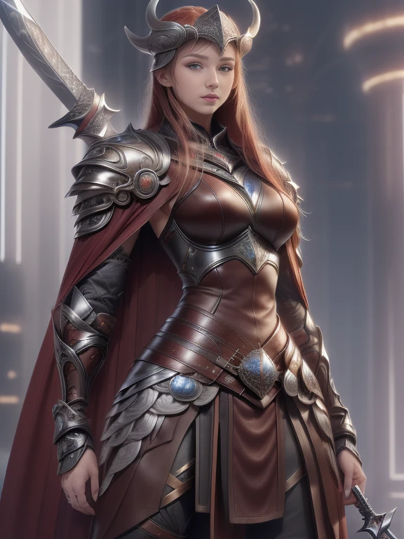 Character design, 1 girl,, slim body, medium chest, skinny waist, ((long deep red hair)). blue eyes. (((ice blue fantasy a female viking warrior in a full leather armor with skirt))), (((big pauldrons, intricate details))), (((fur cape))), (((advanced weapon fantasy plasma sword in right hand))), (standing), ((front body view)), in a walled city, masterpiece, HD high quality, 8K ultra high definition, ultra definition,