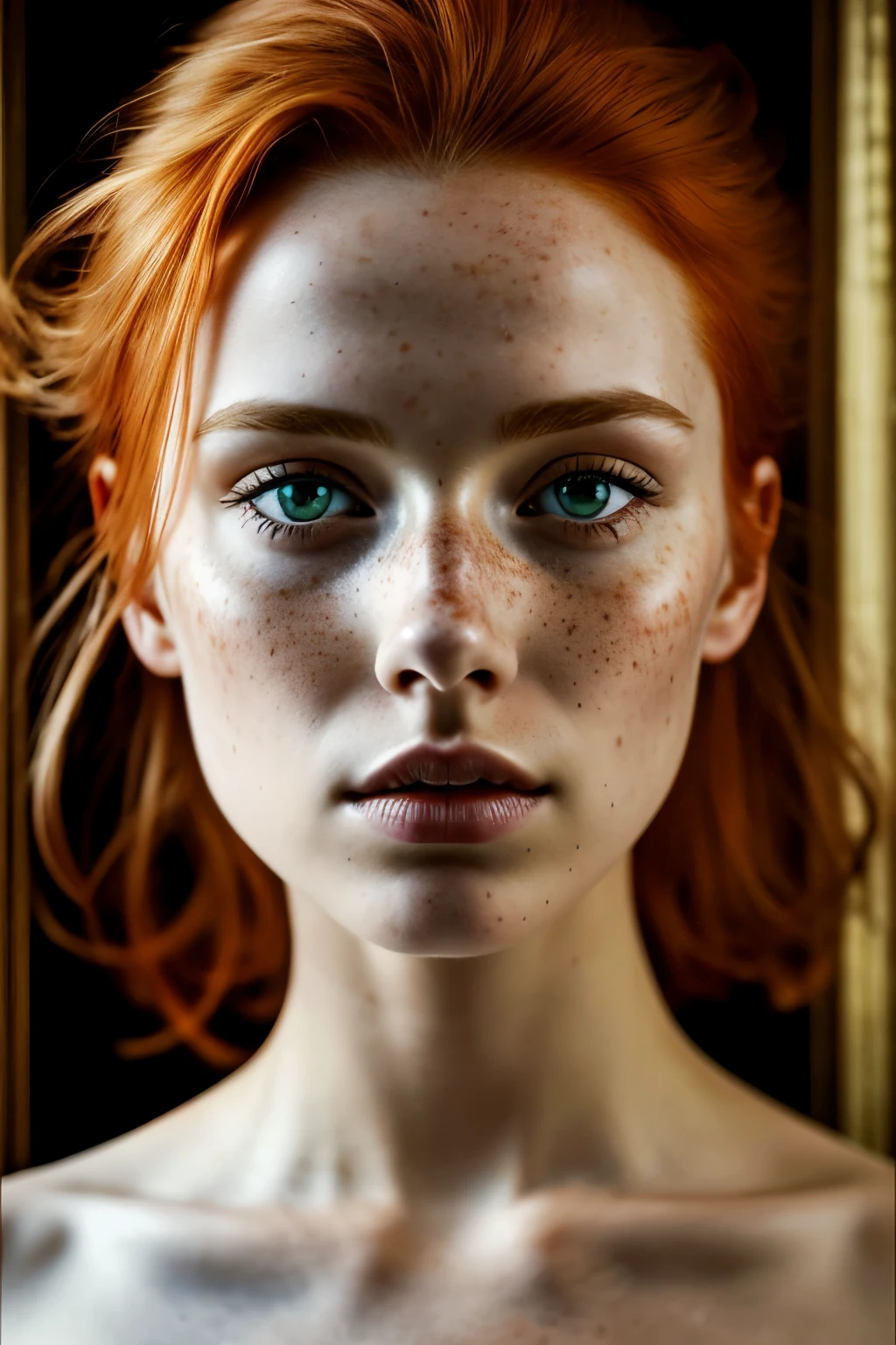 A completely naked red-haired girl, solo in the frame, her fiery locks cascading down her shoulders and framing her face, her intense green eyes shining with raw emotion as she directly engages with the viewer, her porcelain skin glistening with a natural radiance, every detail hyper-realistically captured, every curve and plane visible in the finest detail, her freckled body a testament to the beauty of imperfection. This image, taken with a high-end camera and lens, is a stunning masterpiece, a captivating work of art, evoking a sense of awe and wonder at the raw power and beauty of the human form. The lighting, dramatic yet natural, highlights
