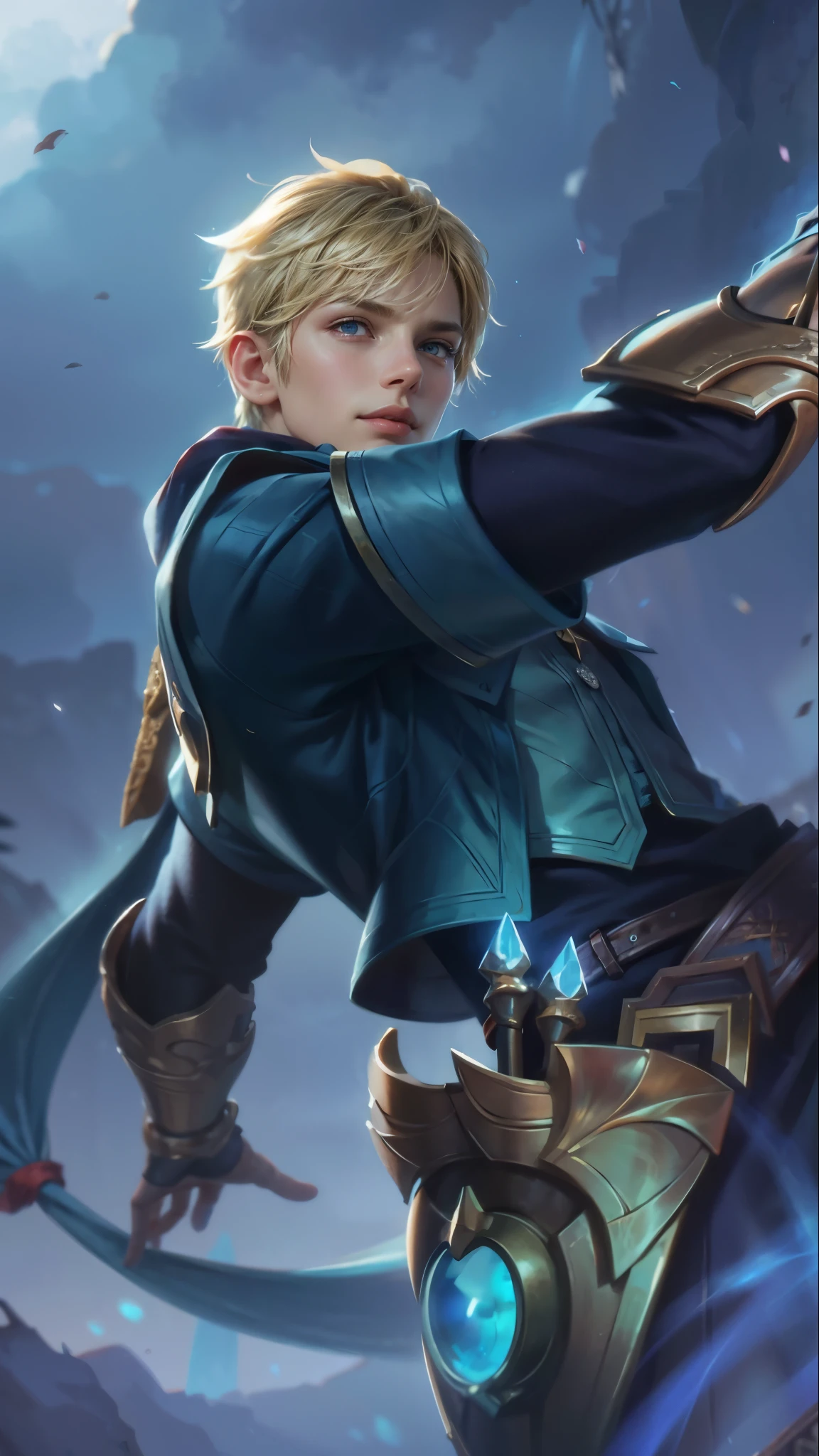 a close up of a person holding a bow and a sword, Best quality, masterpiece, detailed skin texture, detailed clothes texture, detailed face, super detail, 8k, intricate detail, 1 boy, The color doesn't change, Muscle guy, 1 guy, light purpel eyes, 8k, ultra hd, ultra detailed texture, hyper realistic, masterpiece, detailed texture, detailed face, detailed skin, detailed lighting, (photorealistic:1.5), best quality, beautiful lighting, cinematic lighting, professional lighting, ultra highres, realistic, detailed hair, real hair, high quality, (realskin:1.5), extremely detailed, finely detail, ultra-detailed, glare, smile.