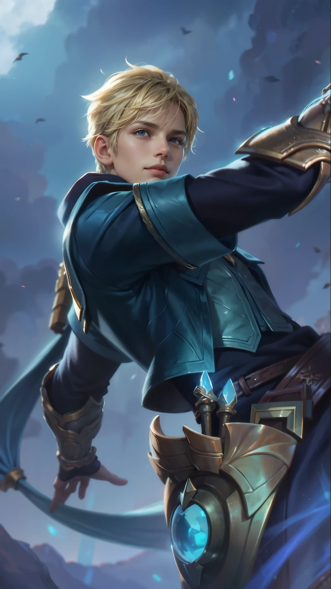 a close up of a person holding a bow and a sword, Best quality, masterpiece, detailed skin texture, detailed clothes texture, detailed face, super detail, 8k, intricate detail, 1 boy, The color doesn't change, Muscle guy, 1 guy, light purpel eyes, 8k, ultra hd, ultra detailed texture, hyper realistic, masterpiece, detailed texture, detailed face, detailed skin, detailed lighting, (photorealistic:1.5), best quality, beautiful lighting, cinematic lighting, professional lighting, ultra highres, realistic, detailed hair, real hair, high quality, (realskin:1.5), extremely detailed, finely detail, ultra-detailed, glare, smile.
