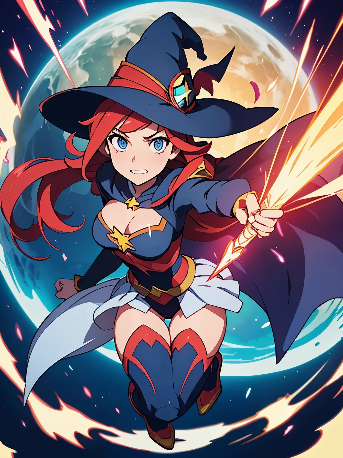 a cartoon of a woman dressed in a superhero costume holding a wand, witch academia, superhero sorceress witch, glamorous angewoman digimon, sky witch, by Aguri Uchida, maya ali as a lightning mage, leotard, witch hat, red hair, blue eyes, age 16-18, solo, solo_foucs, fan art, official fanart, official concept art, ecchi anime style, wonder, fanart, concept art!!