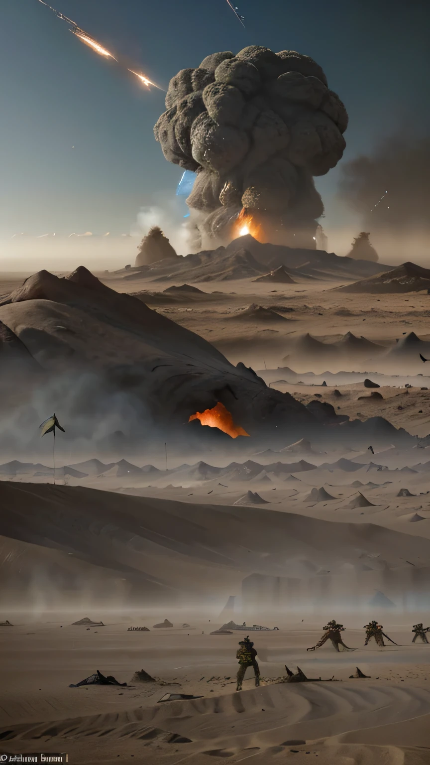 The scene is a blur of chaos and destruction as the Fremen warriors clash with the enemy forces in a desperate bid for victory. Explosions rock the sky, casting shadows across the battlefield as the fate of Arrakis hangs in the balance.Visual: The battlefield erupts into a frenzy of activity as Fremen warriors engage in hand-to-hand combat with the enemy forces. Smoke and debris fill the air, obscuring the sun as the battle rages on with ferocious intensity.