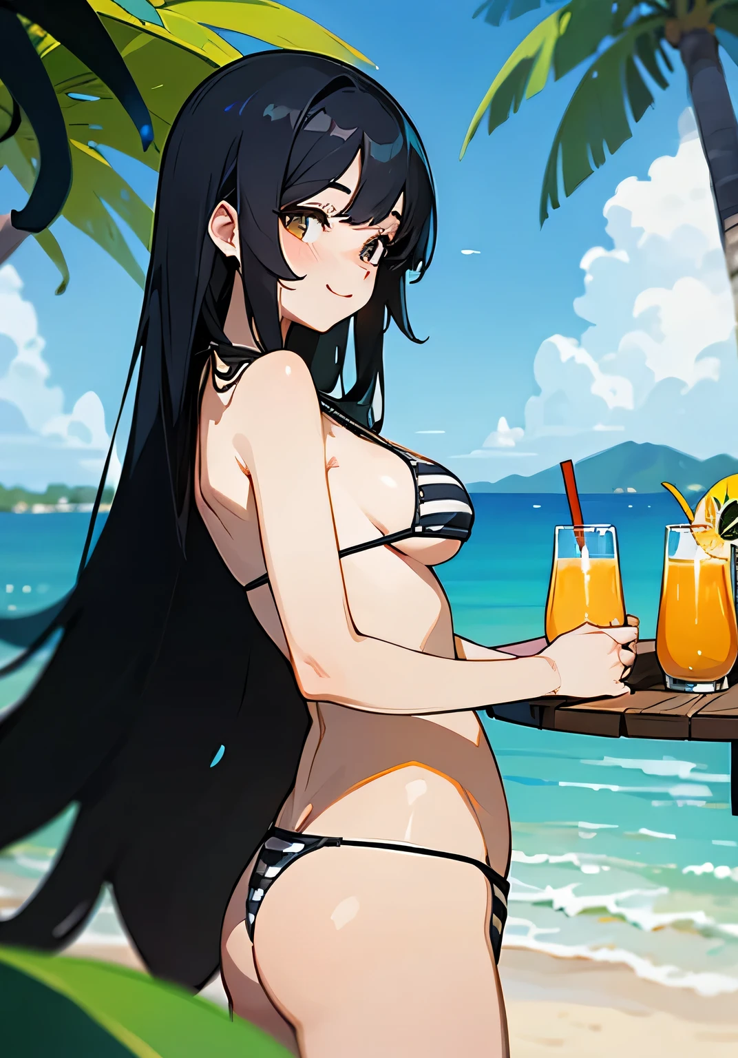 {best quality},Ocean、long black hair、25 year old female、Large beautiful breasts、black-Striped-micro-bikini、radiant smile、Holding tropical fruit juice in hand、Low angle 、cowboy shot