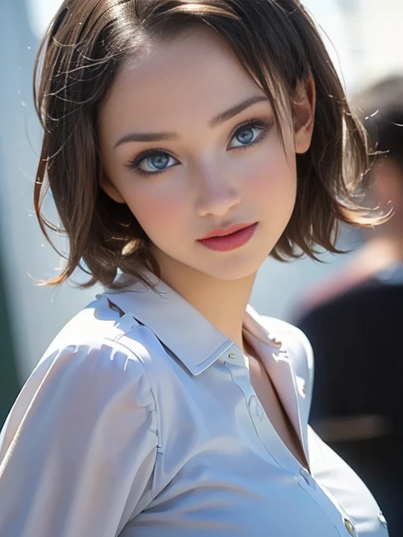(best quality, 8k, highres, photorealistic:2.0), (solo, one girl:2.0),(photo taken using flash:1.9),(brighten the subject:1.8),(ultimate beautiful girl:2.0),(shiny skin),(oily skin),(blonde hair:1.5),(short hairstyle:1.5),(cool beauty:2.0),Blush brown makeup , dark eye makeup , use pink glossy lipstick,(big beady eyes girl:1.5),(droopy-eyes girl:1.5),(blue eyes:1.5),(thin girl:1.5),(baby face girl),(sex appeal),(sweet smelling girl),(Photographed at the Museum of Modern Art:1.8),(A girl who works part-time at an art museum:1.3),(she works for low wages:1.5),(kind-hearted woman:1.5),(she has a nice smile:1.3),(woman with a happy look:1.3),(she is very sociable),(from a very poor family:1.5),(virgin girl),(She is a secret pervert.),(she covertly lewd),(she looks so erotic),(Preserve virginity for devout Christians),chuuChloe,(A woman with very soft breasts),(woman fantasizing about sex),(allurement),(I love masturbating),(impressive eyes:1.5),(clean girl),(affability),(dress shirt)
