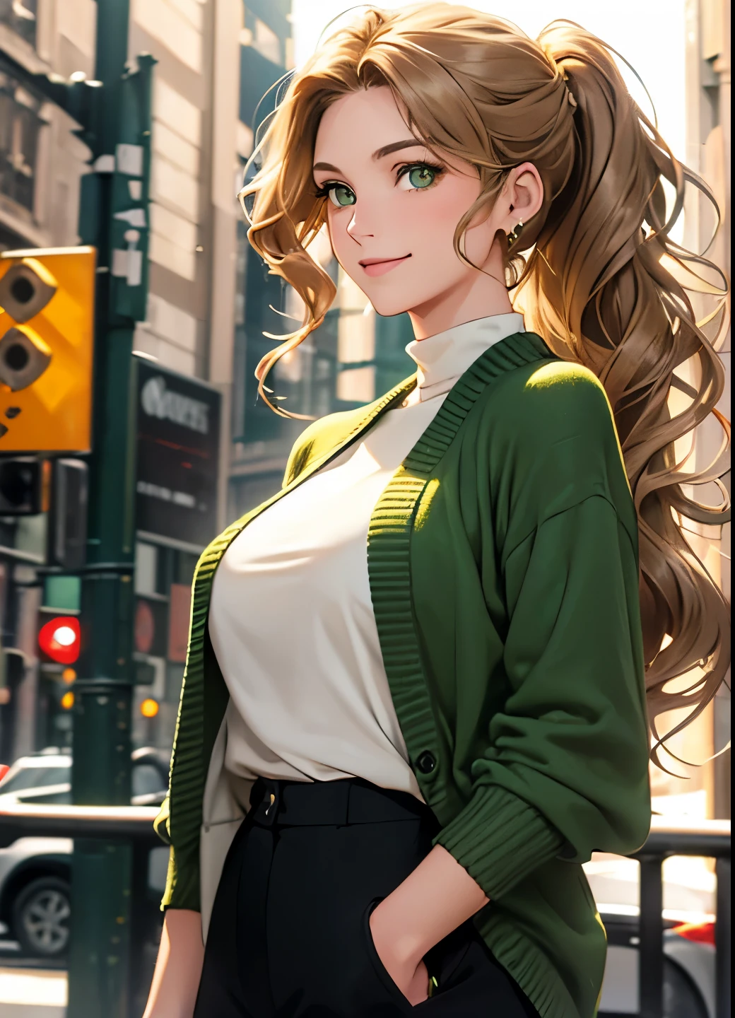 Female((30-years old)), hair((Wavy, Golden brown)), Eyes((smart Eyes, Green)), Clothes((New York Fashion Week, light Green)),  Smiling, Breast Out, Ponytail, Accessories,