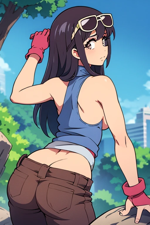 cowgirl's massive rear cheeks from behind out of topless vest out bare and wet pants spreading her legs, gloved hands hidden behind head, sunglasses