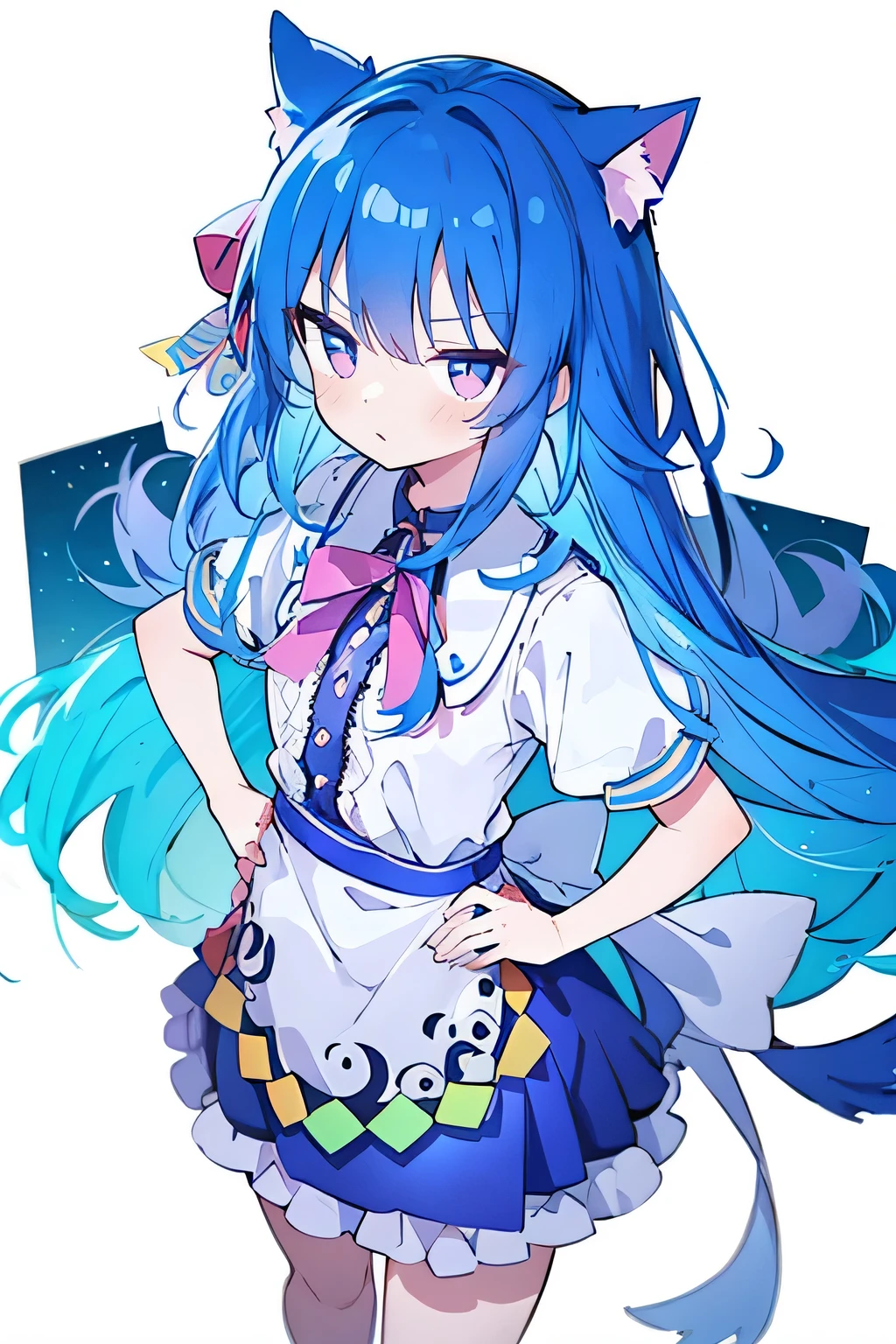 (masterpiece),best quality, expressive eyes, perfect face, 1girl,
 Put your hands on your waist,fair, Gorgeous,Japanese cartoons,girl,lola,Hina Angel, blue hair, blue haired, floating clothes,Grab your waist, Grab your waist, hands on hips , hands on hips,sit, sit on ground, Legs on the ground, flat chest,cat ears,