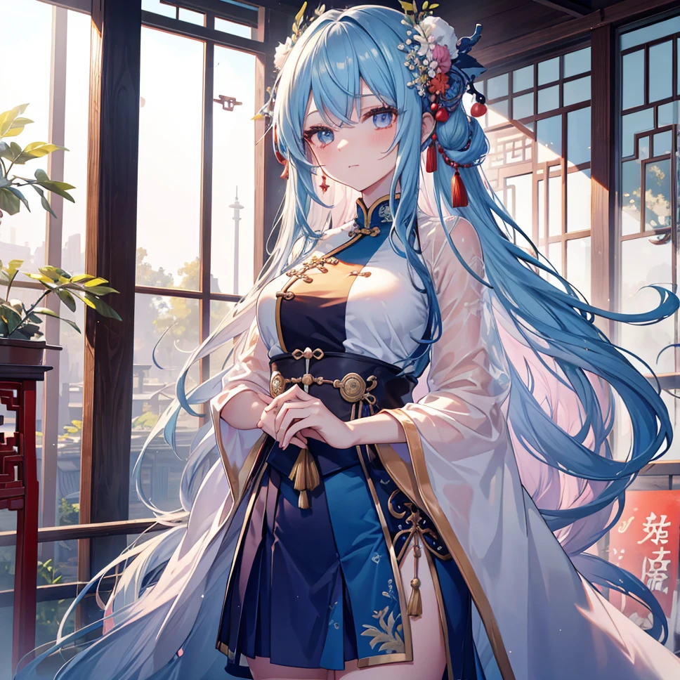 blue-haired girl, vibrant blue eyes, traditional Chinese gown and armor in shades of blue, a blue dagger, swallows