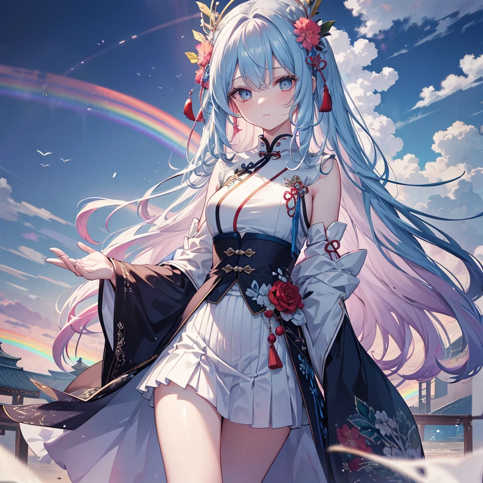imid shot, incredibly detailed, , woman, very long rainbow hair, long bangs, colored inner hair, detailed beautiful face, ?, blinking, bare breasts, blue eye, chinese clothes, delicate wet skirt, open air operations center, beautiful and detailed corals, best masterpiece,