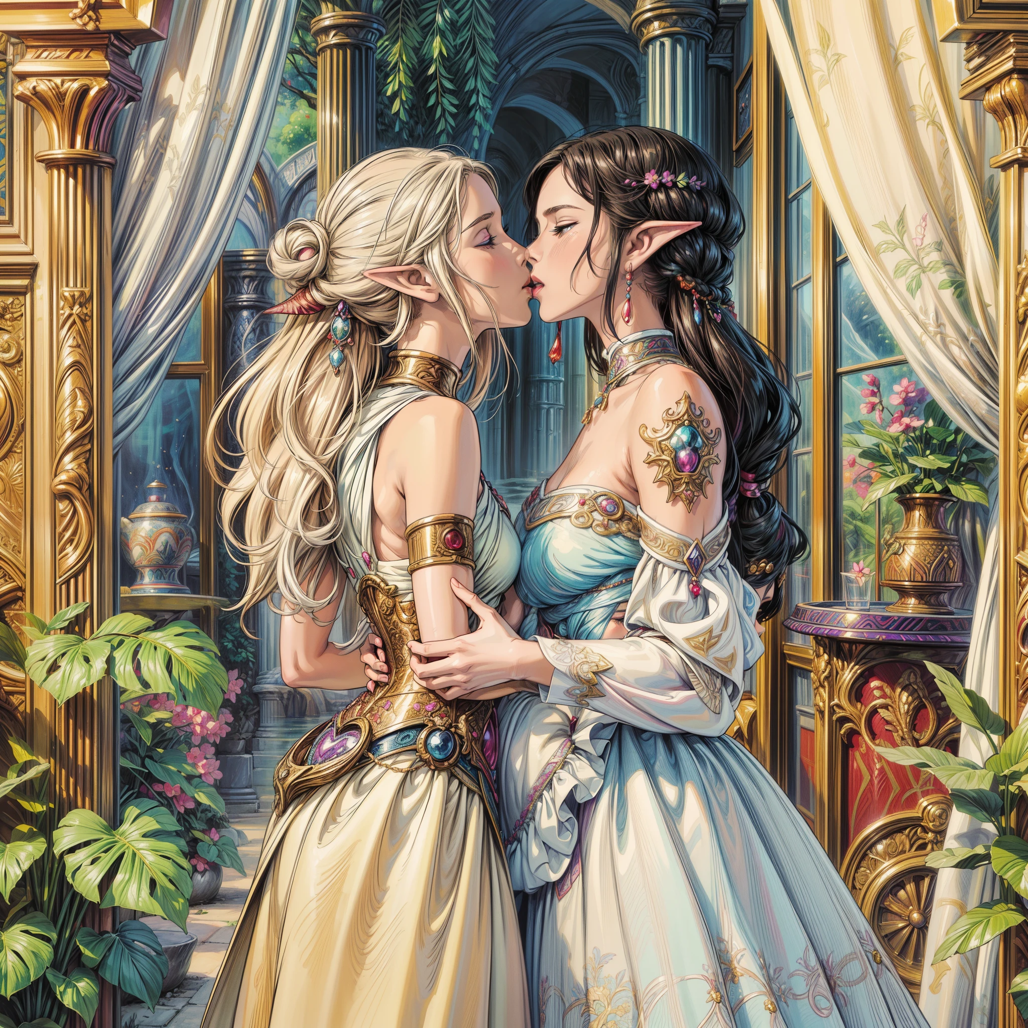 elf woman kisses a woman in a white shirt while she holds her hand on her chest, kissing together cutely, kiss, still from a terence malik film, kissing, lovely kiss, kiss mouth to mouth, sexy movie photo, making love, making out, kissing together, love scene, seducing, kissing each other, couple kissing, sensuous, wedding bjd, bzccostume, headdress, midriff, micro bikini, stocking and garter belt,