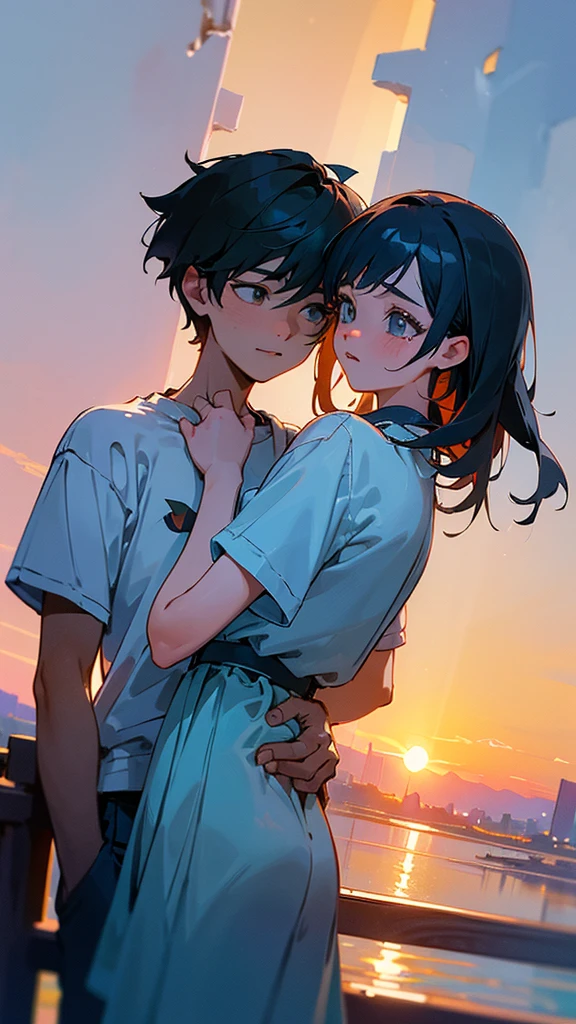 A boy and a girl standing back to back, with a wall between them,
(bright lighting, vivid colors), (high quality, 4k, sharp focus) portrait-style image,
featuring (detailed facial features, clear eyes, expressive lips) of both individuals,
wearing (casual, trendy) clothing,
against a (sunlit, outdoors) background, with lush greenery and colorful flowers,
creating a (peaceful, harmonious) atmosphere,
with the boy facing towards a (vibrant, sunset) sky on one side,
and the girl facing a (picturesque, serene) landscape on the other side,
capturing their (youthful energy, emotional connection),
depicting a moment of (anticipation, possibility),
enhanced with (subtle post-processing effects, crisp details),
reminiscent of (contemporary photography, realistic artwork),
to evoke a sense of (innocence, hope, love),
conveying the theme of (youth, unity, connection),
ultimately resulting in a (masterpiece, visually stunning) art piece.
