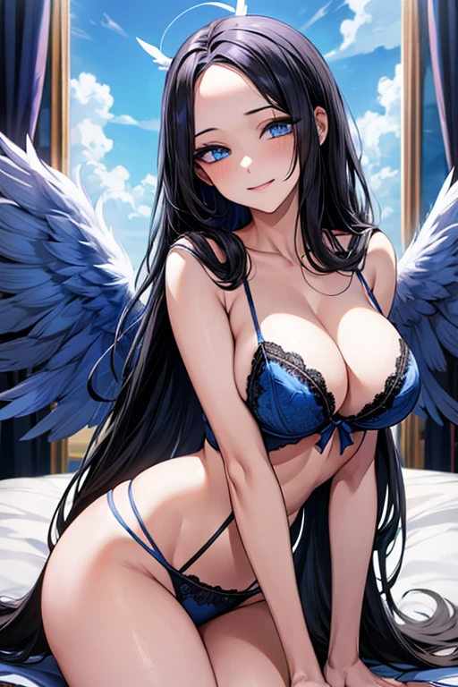 ((Black hair))), long hair, (((blue eyes))),(((forehead))) sexy, large breasts, beautiful body, masterpiece, smile, (((sky blue lingerie))), angel wings, white wings, hotel bedroom ,busty, buxom, curvy, voluptuous,Sexual Intercourse,