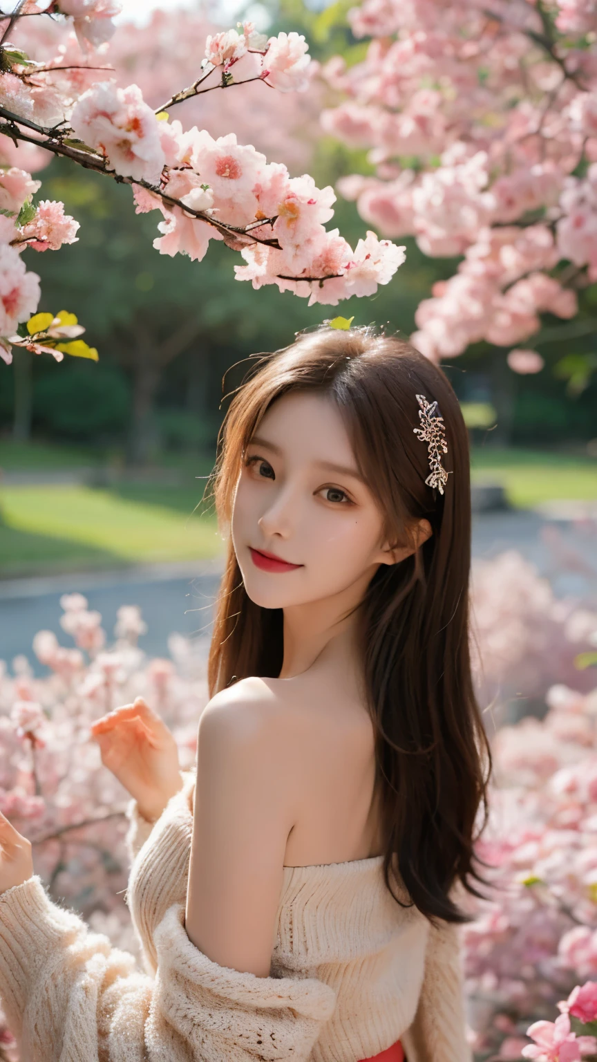 masterpiece,real photos,looking into camera,night time,HDR backlight,Contour light,Shallow depth of field,reddish brown long straight hair,Elegant Chinese beauty,smile,dancing in the forest, Wearing a strapless cardigan dress,The breeze blew her face,Surrounded by cherry blossom trees,petals flying everywhere,The skirt is flying and rhythmic,taking photos by Fujifilm high-grain 400 film, wild-angle view
