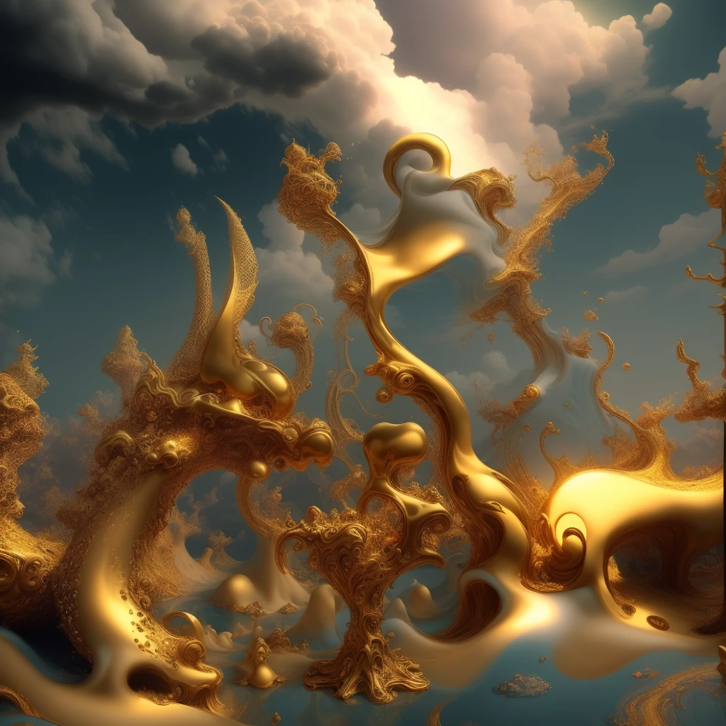 in the middle of the blue sky there is a very large golden sculpture, Stunning fantasy 3D rendering, surreal scene, Golden clouds, 1 6 6 7. mandel light bulb 3 d, 3D light bulb, 3D light bulb fractal, mandel light bulb 3 d, 4d mandelbulba psychedelics, mandel light bulb 3d, mandel light bulb 3d fractal