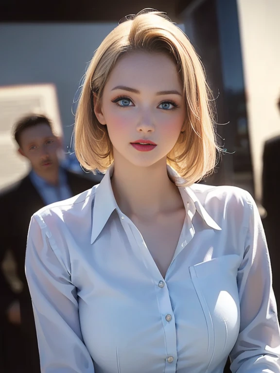 (best quality, 8k, highres, photorealistic:2.0), (solo, one girl:2.0),(photo taken using flash:1.9),(brighten the subject:1.8),(ultimate beautiful girl:2.0),(shiny skin),(oily skin),(blonde hair:1.5),(short hairstyle:1.5),(cool beauty:2.0),Blush brown makeup , dark eye makeup , use pink glossy lipstick,(big beady eyes girl:1.5),(droopy-eyes girl:1.5),(blue eyes:1.5),(thin girl:1.5),(baby face girl),(sex appeal),(sweet smelling girl),(Photographed at the Museum of Modern Art:1.8),(A girl who works part-time at an art museum:1.3),(she works for low wages:1.5),(kind-hearted woman:1.5),(she has a nice smile:1.3),(woman with a happy look:1.3),(she is very sociable),(from a very poor family:1.5),(virgin girl),(She is a secret pervert.),(she covertly lewd),(she looks so erotic),(Preserve virginity for devout Christians),chuuChloe,(A woman with very soft breasts),(woman fantasizing about sex),(allurement),(I love masturbating),(impressive eyes:1.5),(clean girl),(affability),(dress shirt)