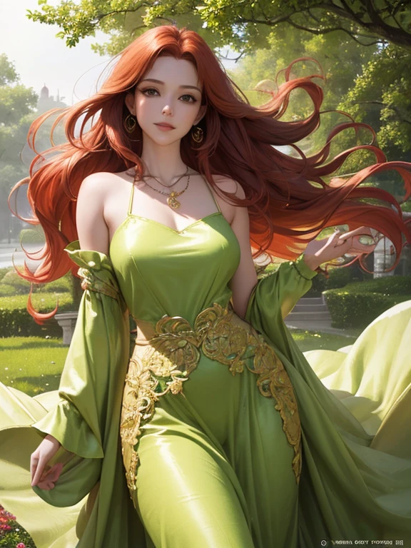 Create an image of a kpop idol with long wavy reddish brown hair dressed in emerald green