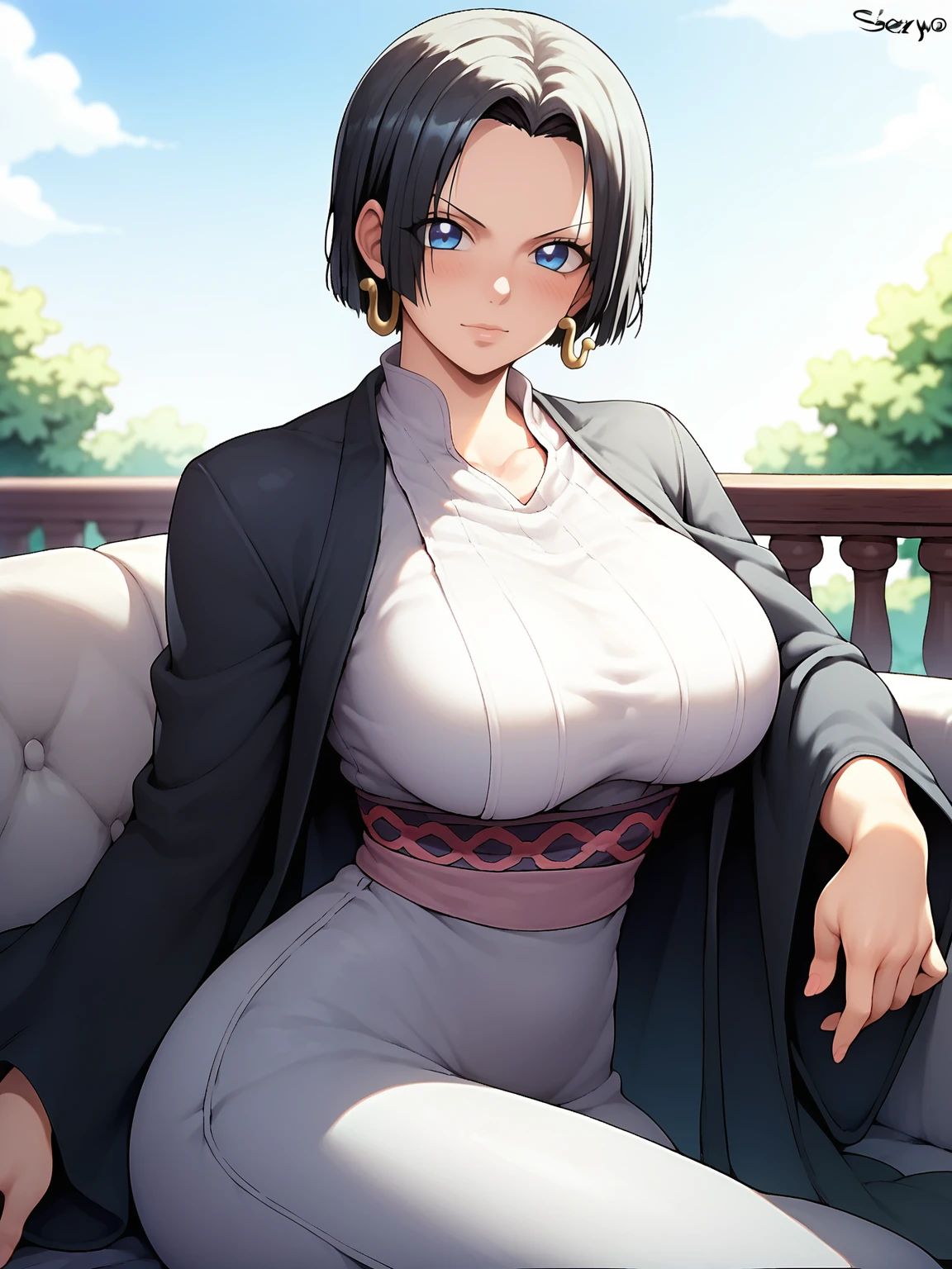 score_9,score_8_up,score_7_up,rating: general,1girl,solo, short hair,breasts,looking at viewer,blush,large breast, black hair, closed mouth,shexyo, shexyo style, boa hancock, couch, balcony, fancy couch, white couch, one piece, 