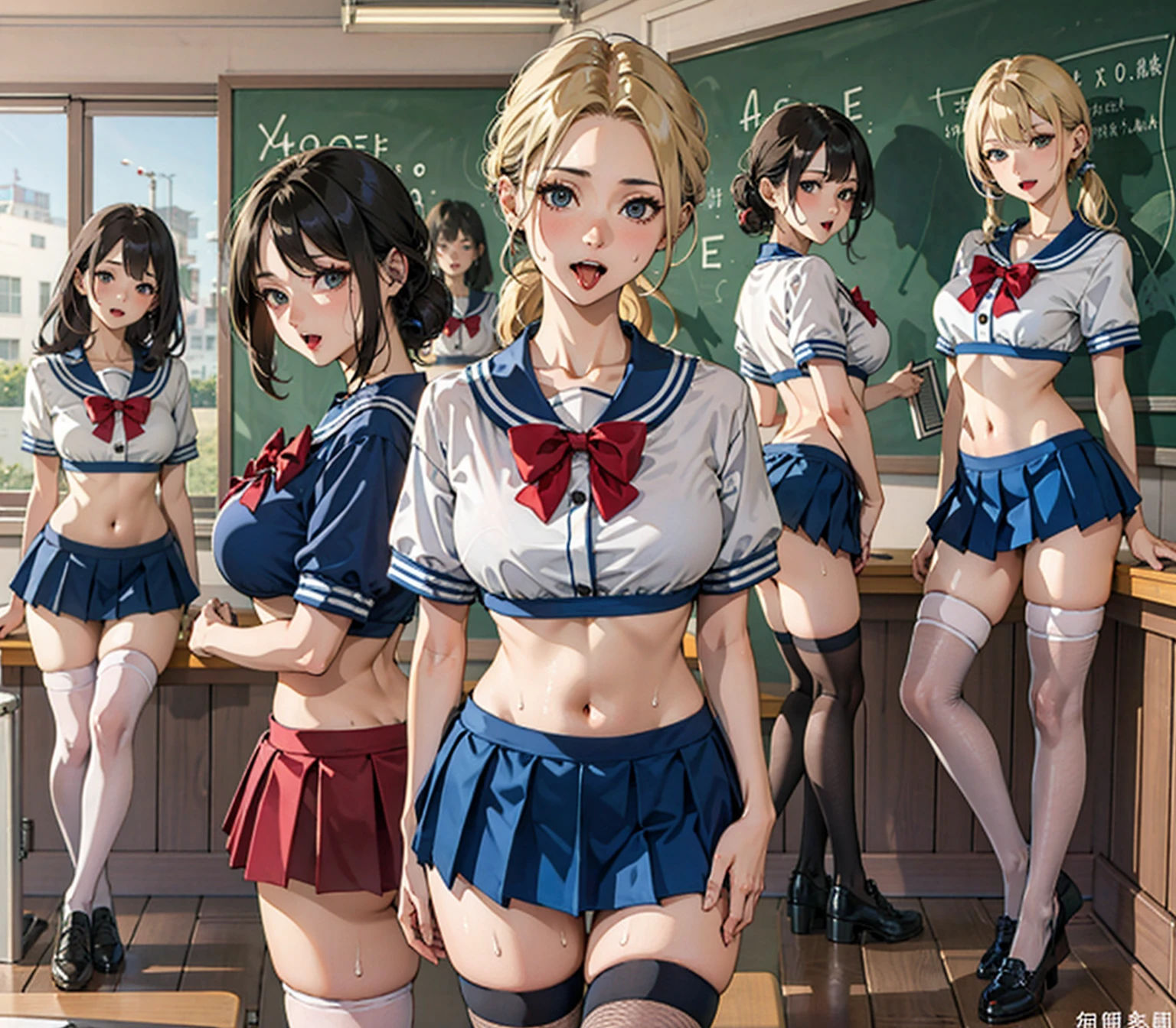 (Beautiful detailed eyes), (Beautiful detailed face), (top-quality), (ultra-detailed), (masterpiece), (4girls), (multiple girls), lineup, group picture, (blonde hair), (shag hairstyle:1.1), (Sweat), (standing:1.0), (large breasts), (skinny thigh), (slim waist), (smile), (xueshengzhuang:1.2), (microskirt:1.2), (black thighhighs), (school), (in class room:1.2), (clipboard:1.1), (open mouth), (tongue out:1.25), (midriff), (navel)