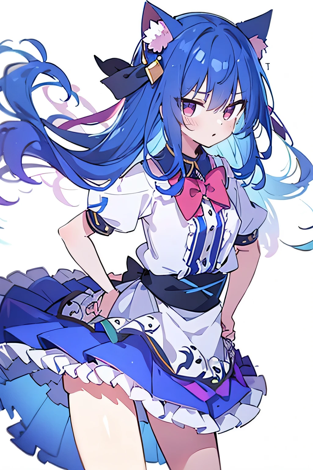 (masterpiece),best quality, expressive eyes, perfect face, 1girl,
 Put your hands on your waist,fair, Gorgeous,Japanese cartoons,girl,lola,Hina Angel, blue hair, blue haired, floating clothes,Grab your waist, Grab your waist, hands on hips , hands on hips,sit, sit on ground, Legs on the ground, flat chest,cat ears,