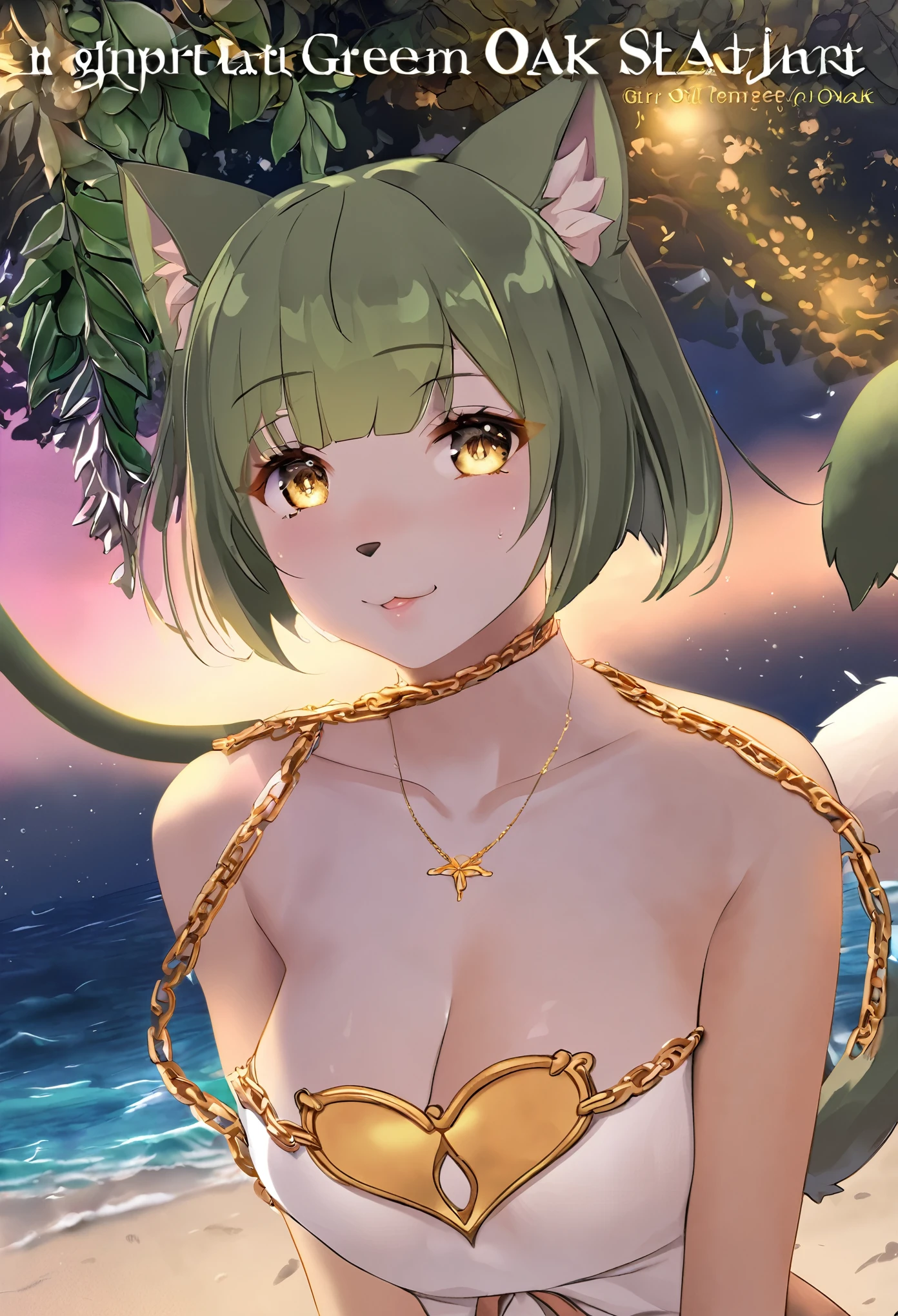 cover page(1girl, solo, cat girl)Close to the seashore, Oak green, Gold Chain on Oak Tom, And during at night,