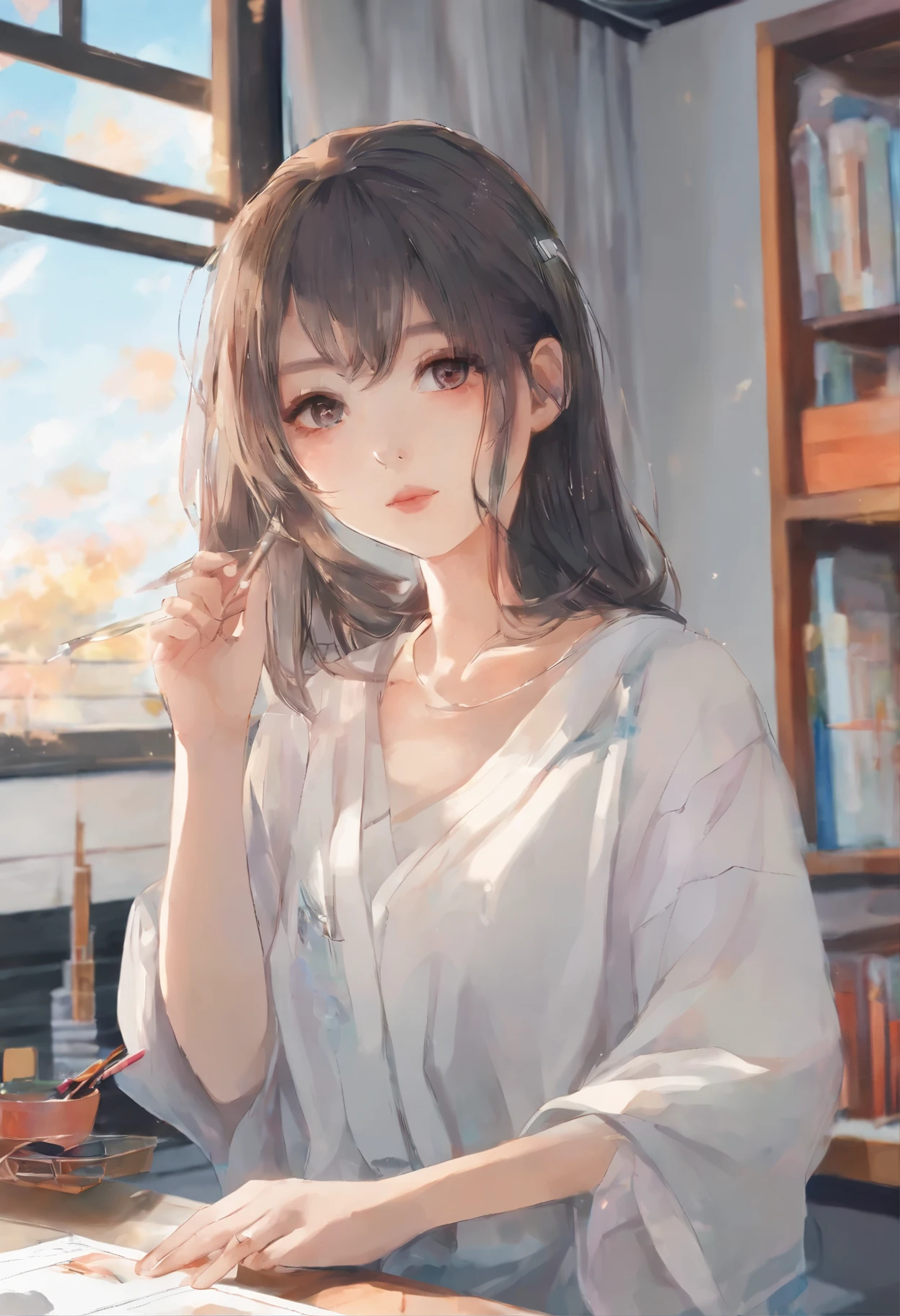 Anime girl with brush and drawing board in front of window, painted in anime painter studio, realistic cute girl painting, Beautiful Anime Portrait, Anime. Soft lighting, detailed painting 4 k, Anime Realism Style, realistic anime art style, artwork in the style of guweiz, Realistic anime art style, made with anime painter studio, Portrait Anime Girl