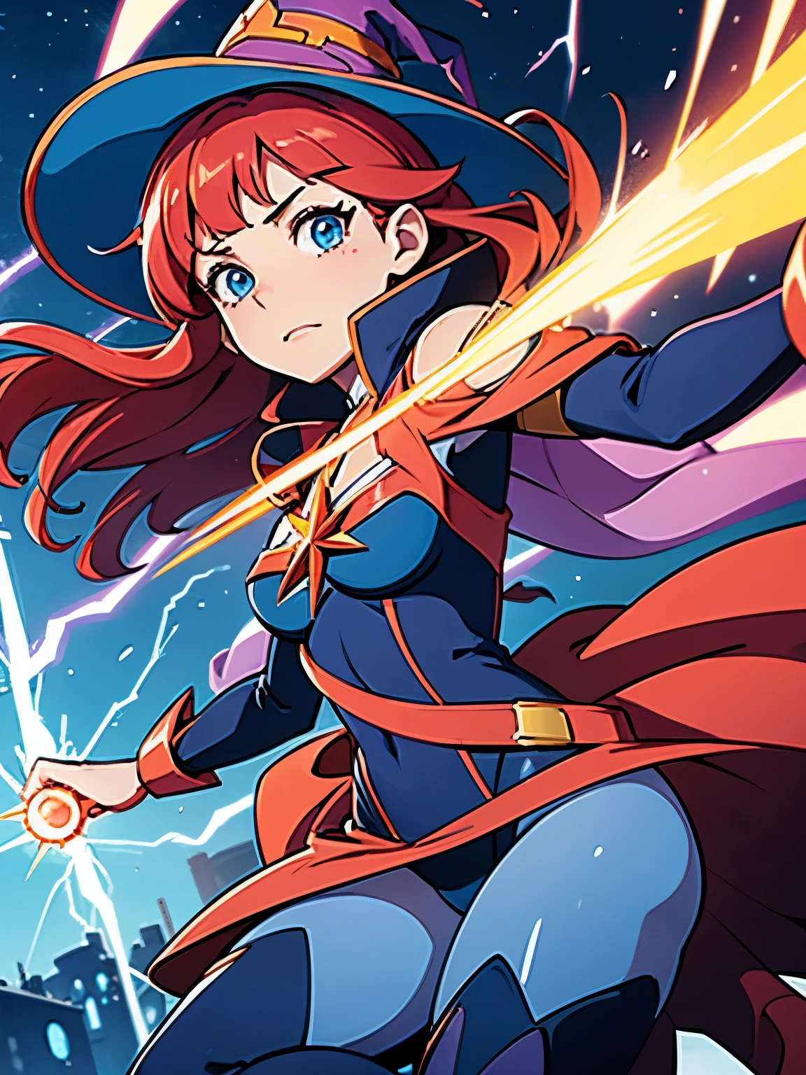 a cartoon of a woman dressed in a superhero costume holding a wand, witch academia, superhero sorceress witch, glamorous angewoman digimon, sky witch, by Aguri Uchida, maya ali as a lightning mage, (leotard), witch hat, red hair, blue eyes, age 16-18, solo, solo_foucs, fan art, official fanart, official concept art, ecchi anime style, wonder, fanart, concept art!!