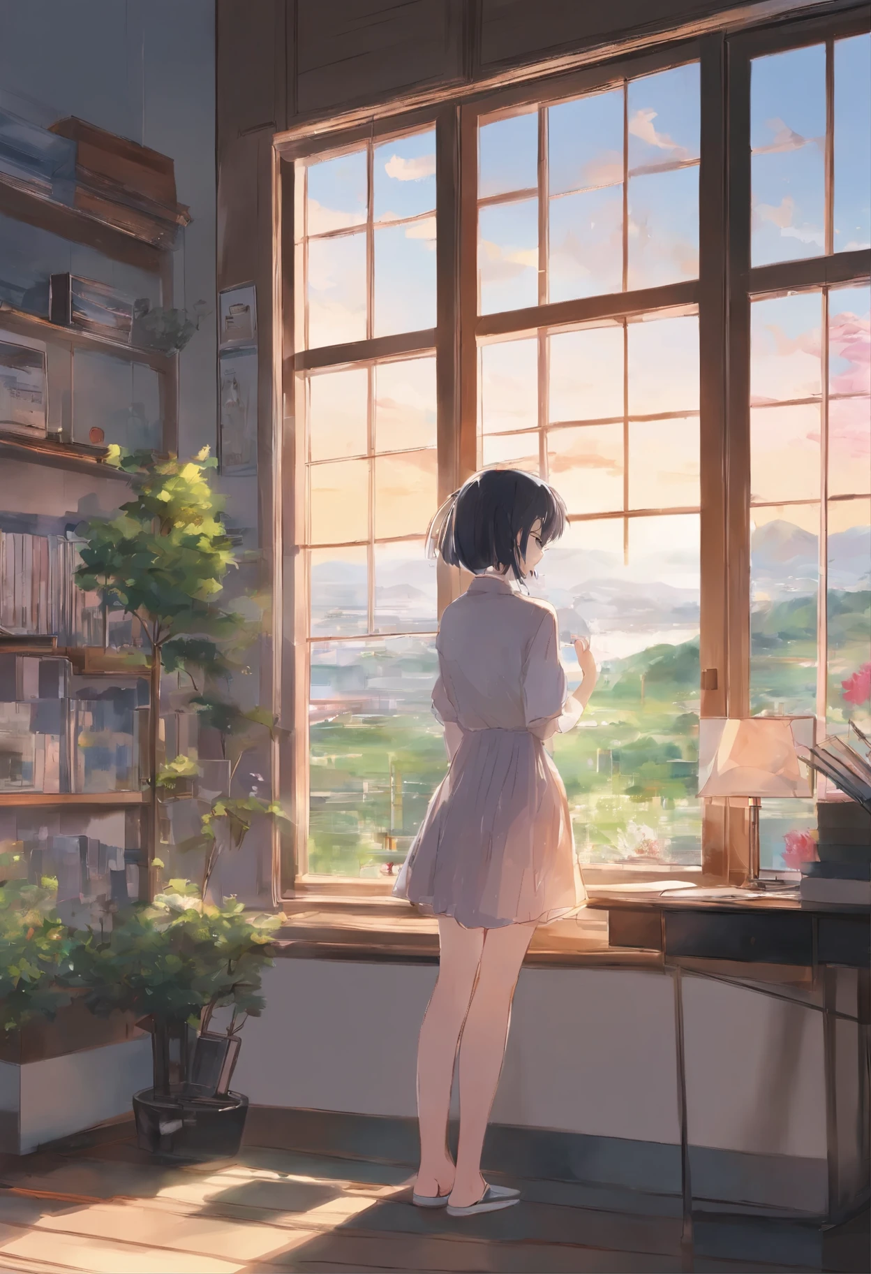 Anime girl with brush and drawing board in front of window, painted in anime painter studio, realistic cute girl painting, Beautiful Anime Portrait, Anime. Soft lighting, detailed painting 4 k, Anime Realism Style, realistic anime art style, artwork in the style of guweiz, Realistic anime art style, made with anime painter studio, Portrait Anime Girl
